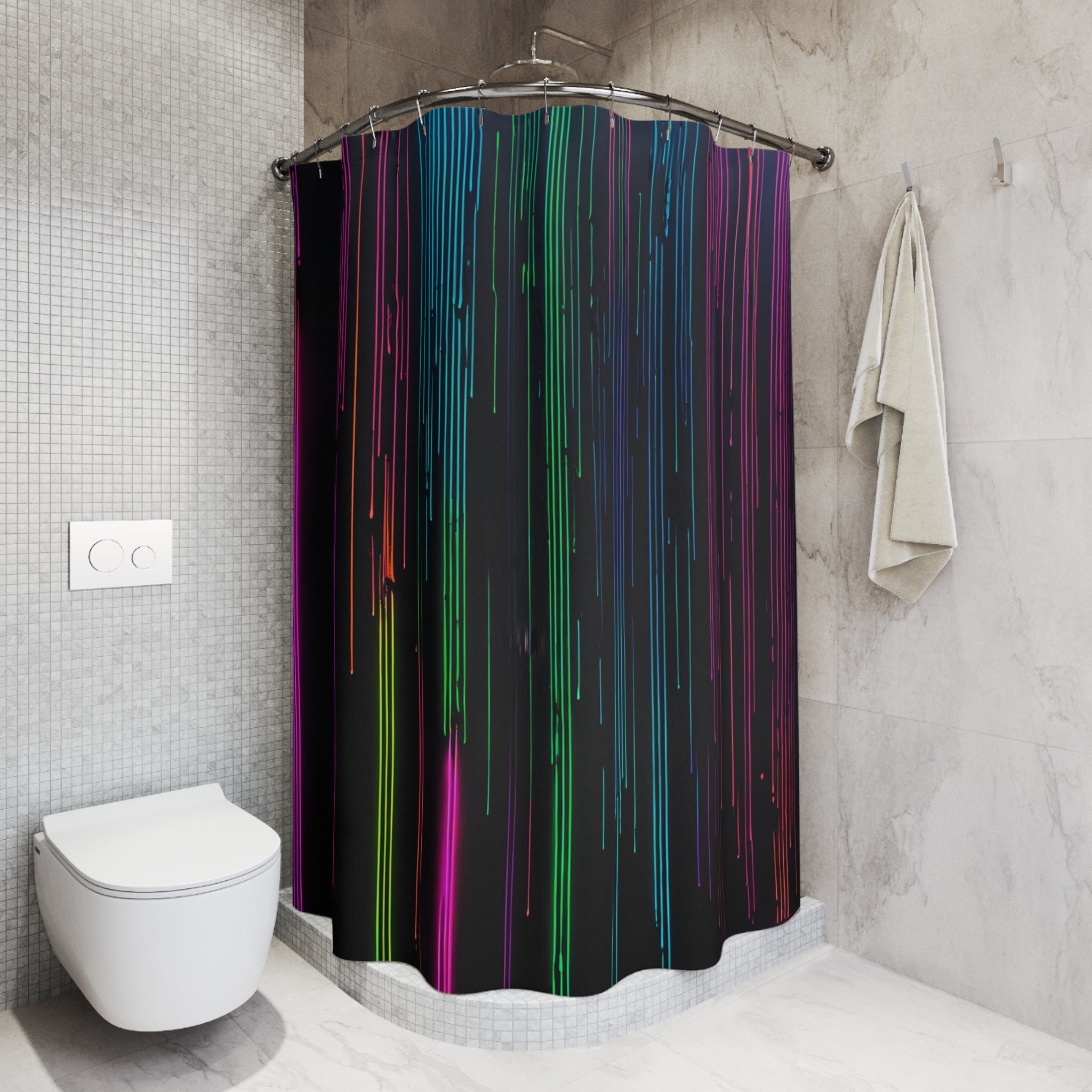 Neon Rain Shower Curtain — Modern Vertical Light Stripe Bathroom Decor