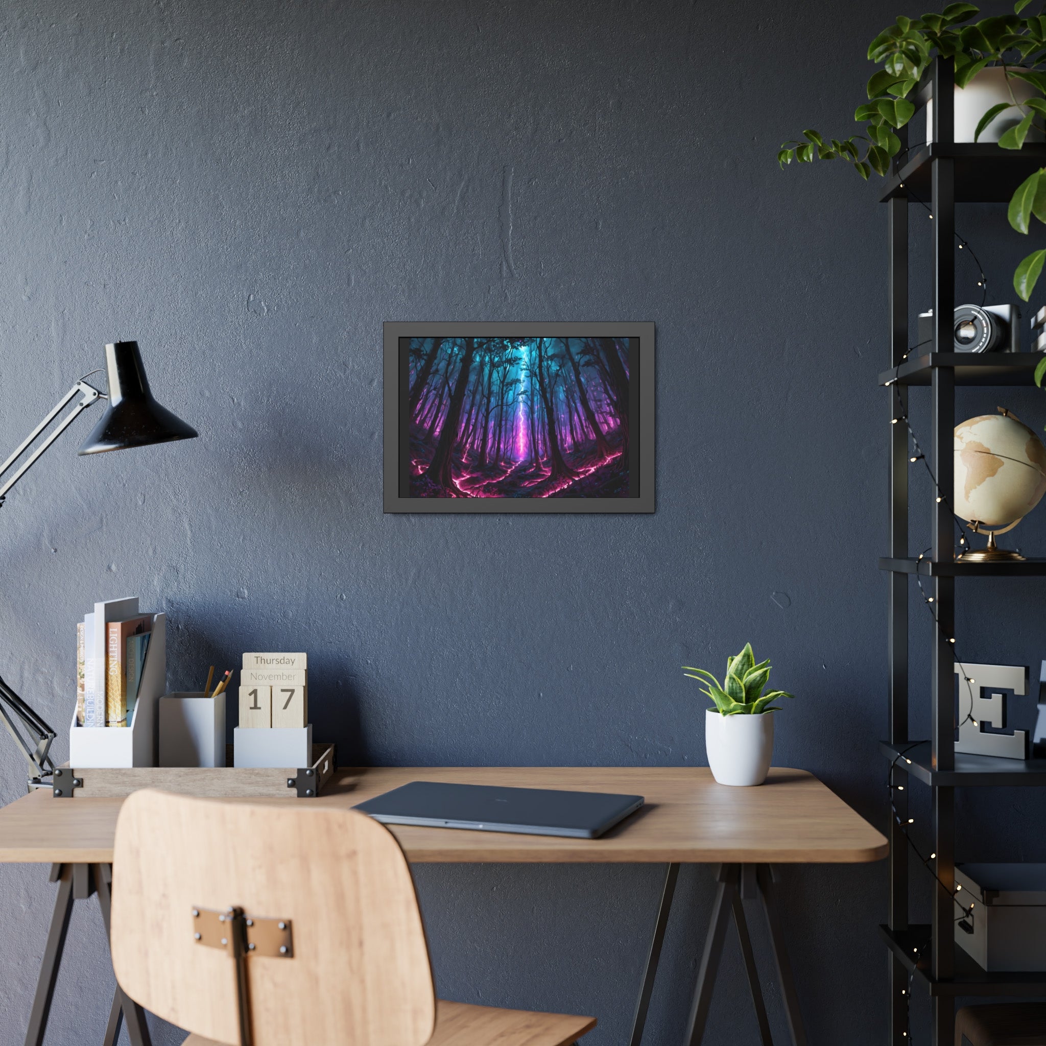 Neon Forest Framed Art Print — Mystical Purple & Teal Fantasy Poster
