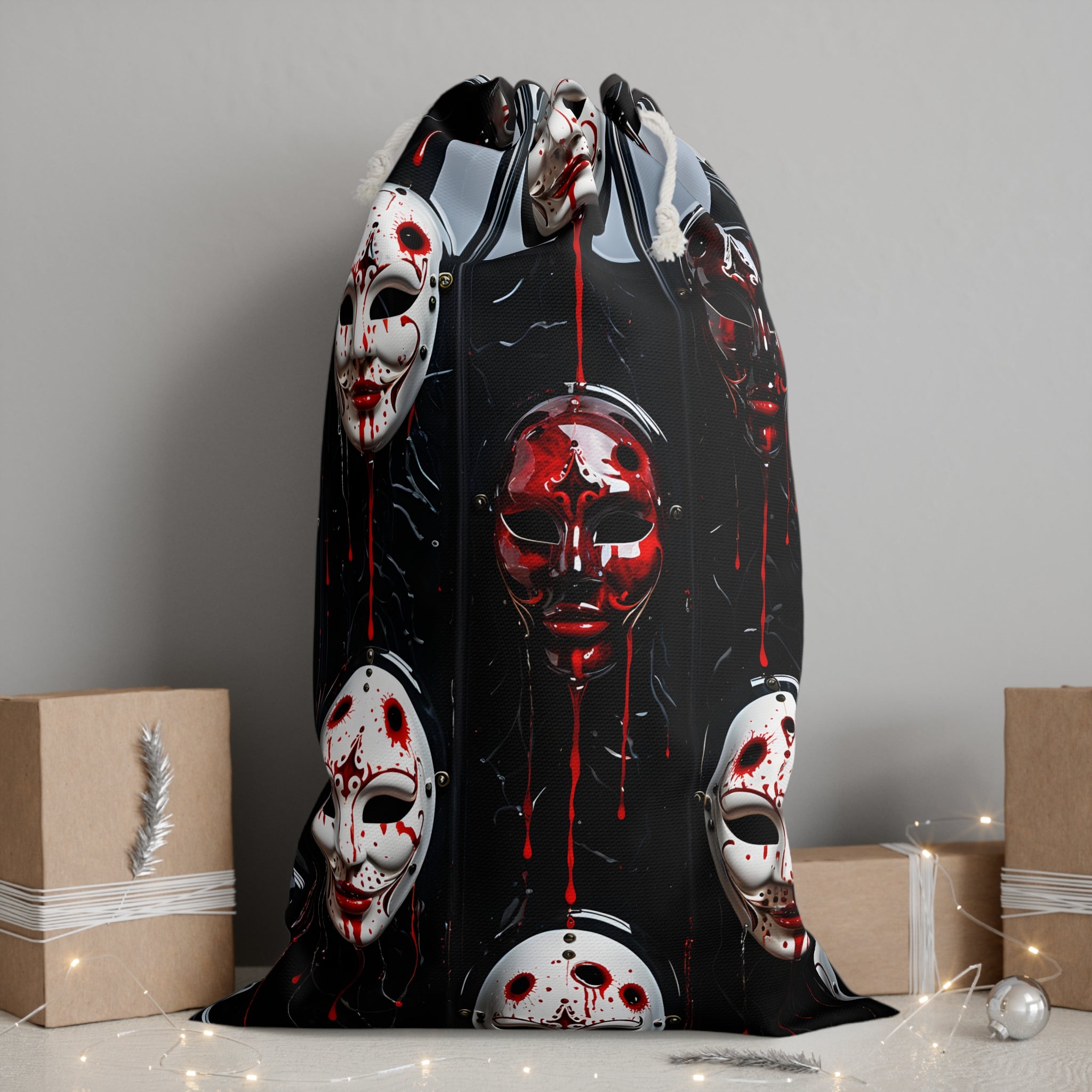 Horror Mask Drawstring Sack — Bloody Mask Pattern Halloween Gift Bag