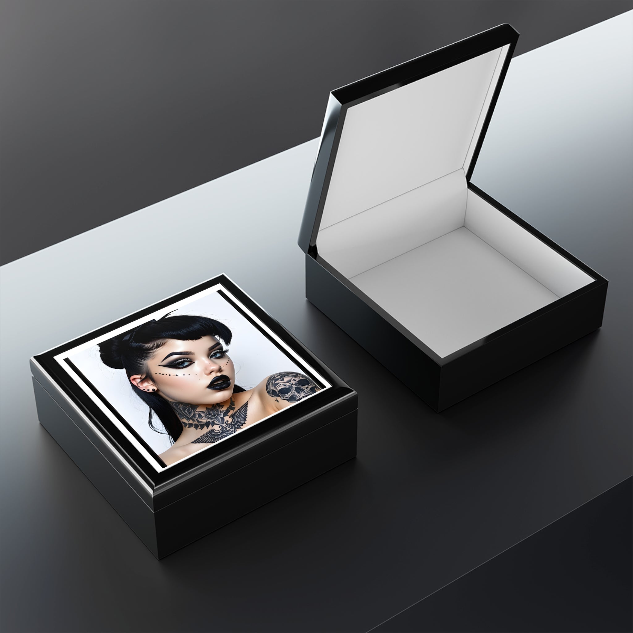 Gothic Tattoo pinup style Portrait Jewelry Box — Black Lacquer Trinket Case with Dark Glam Illustration