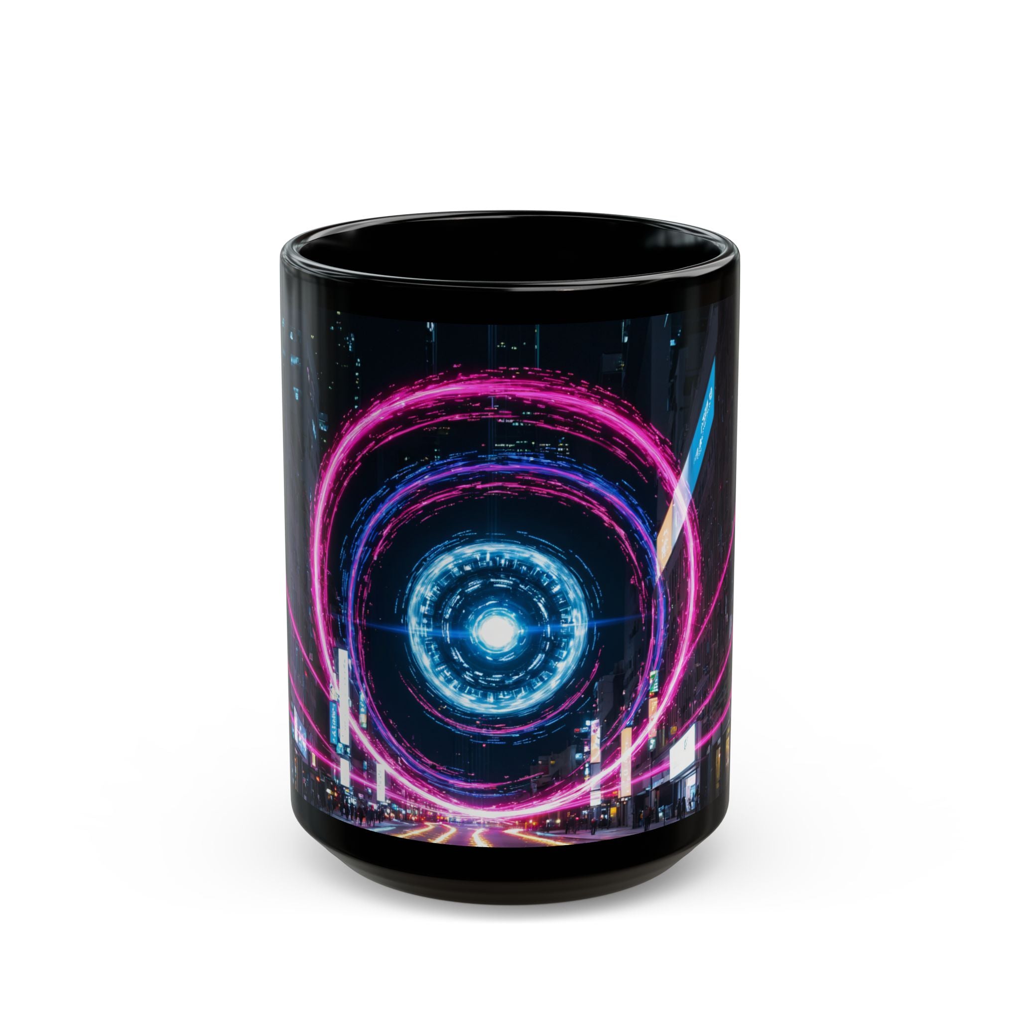 Tasse Vortex Neon City — Tasse à café en céramique noire Cyberwave (325 ml/443 ml)