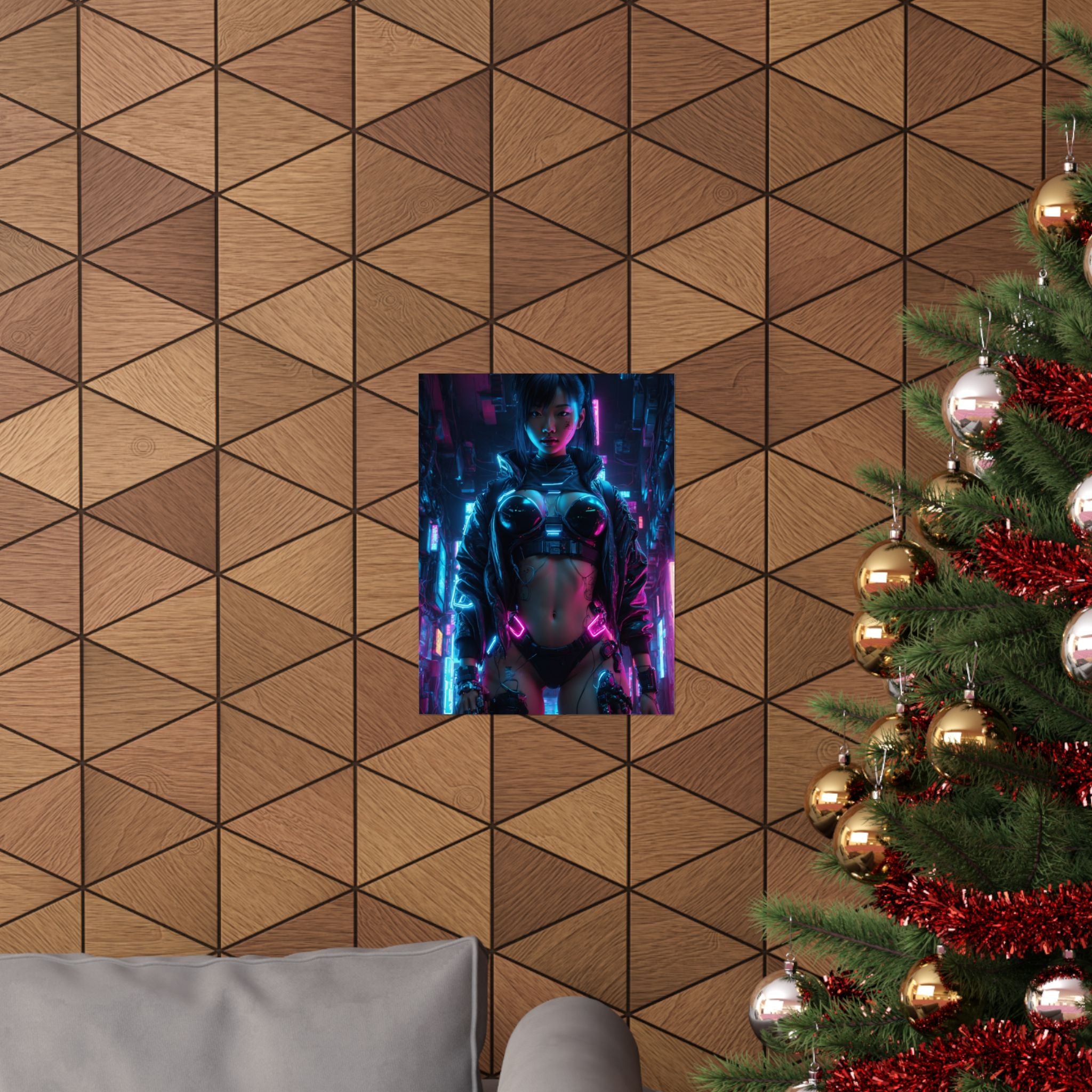 Cyberpunk Neon Female Warrior Matte Poster — Futuristic Sci‑Fi Wall Art