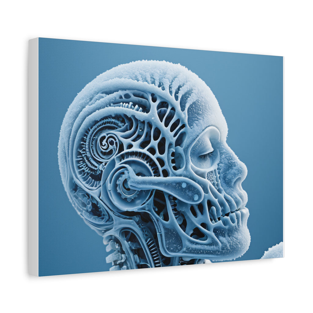 Frosted Mechanical Skull Canvas Art – Blue Anatomical Surreal Print
