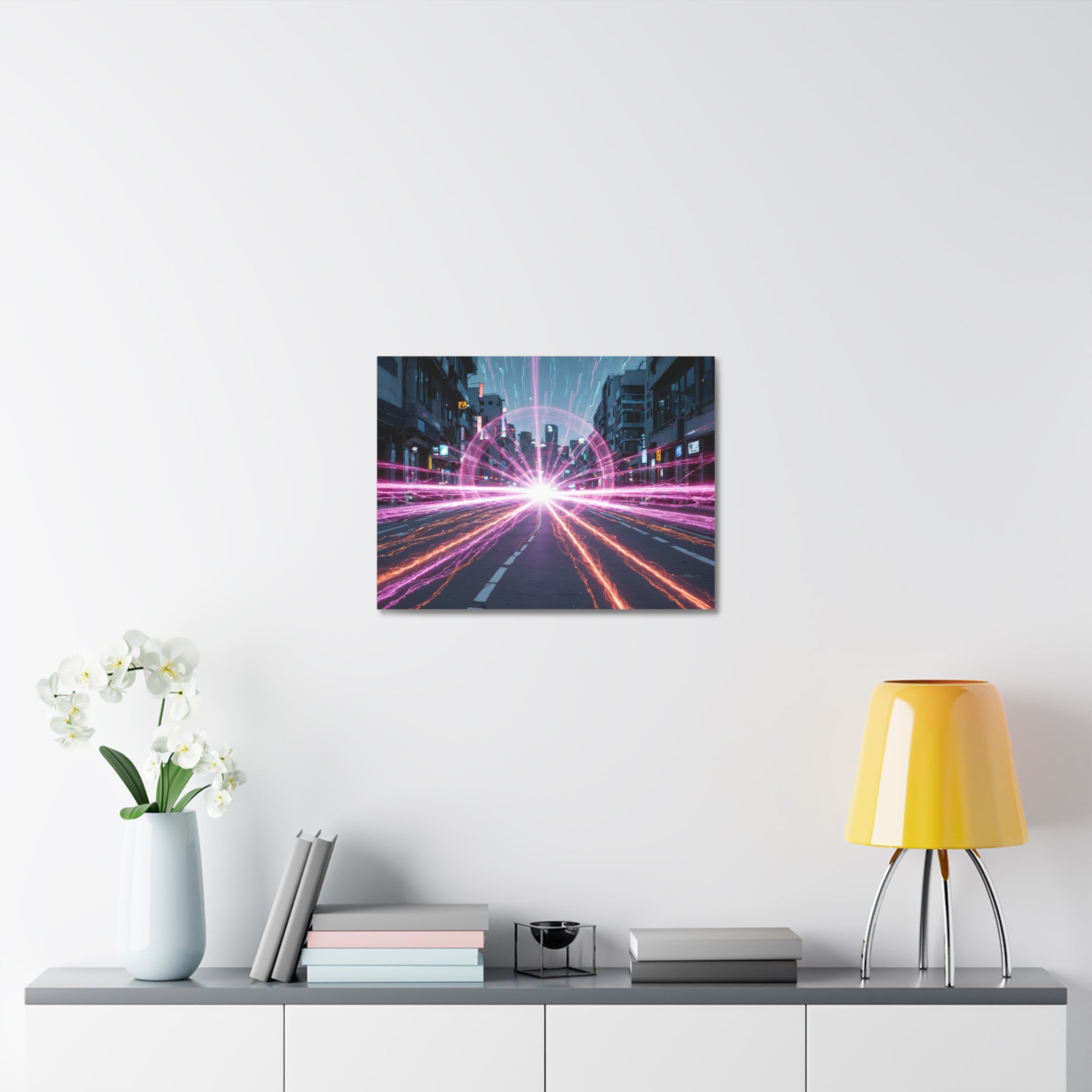 Neon Speedscape Stretched Canvas — Futuristic City Lightburst Wall Art