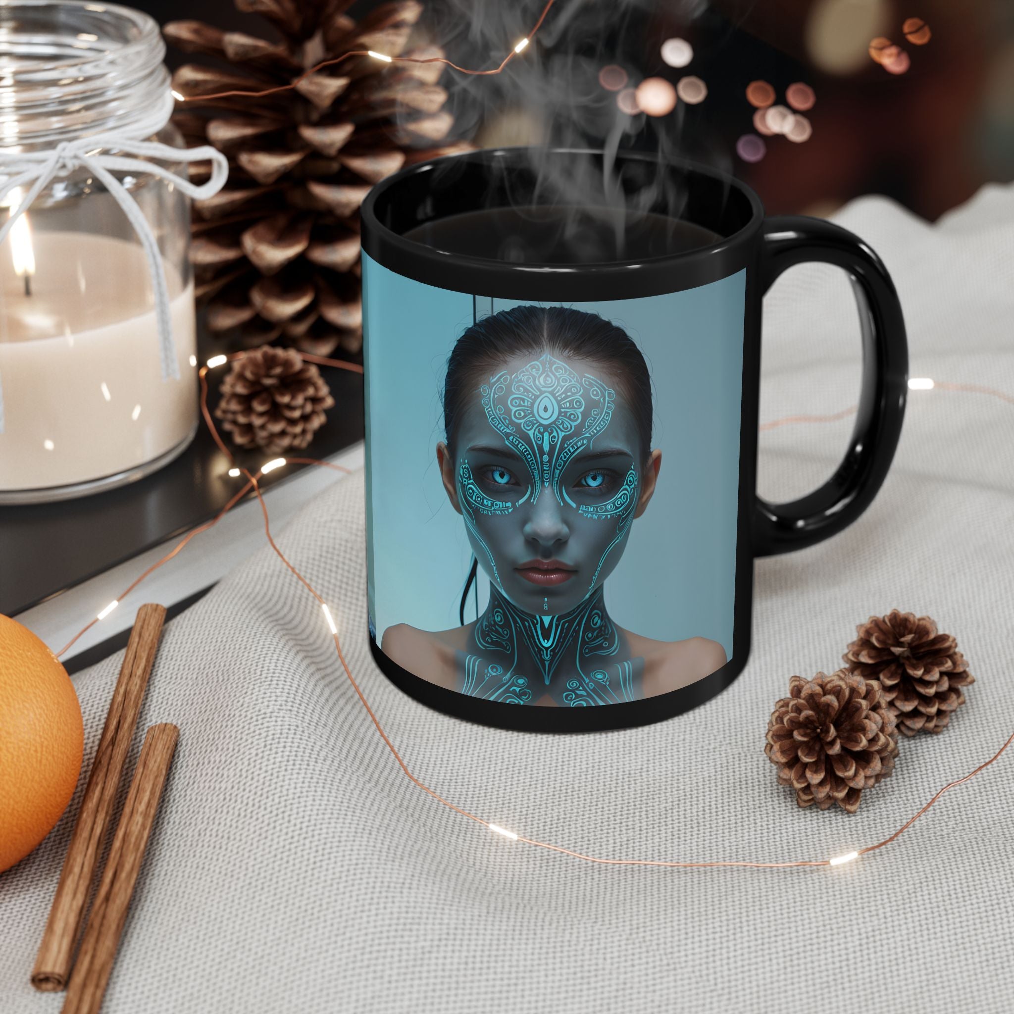 Mystic Cyborg Face Black Mug — Futuristic Neon Portrait Coffee Cup (11oz/15oz)