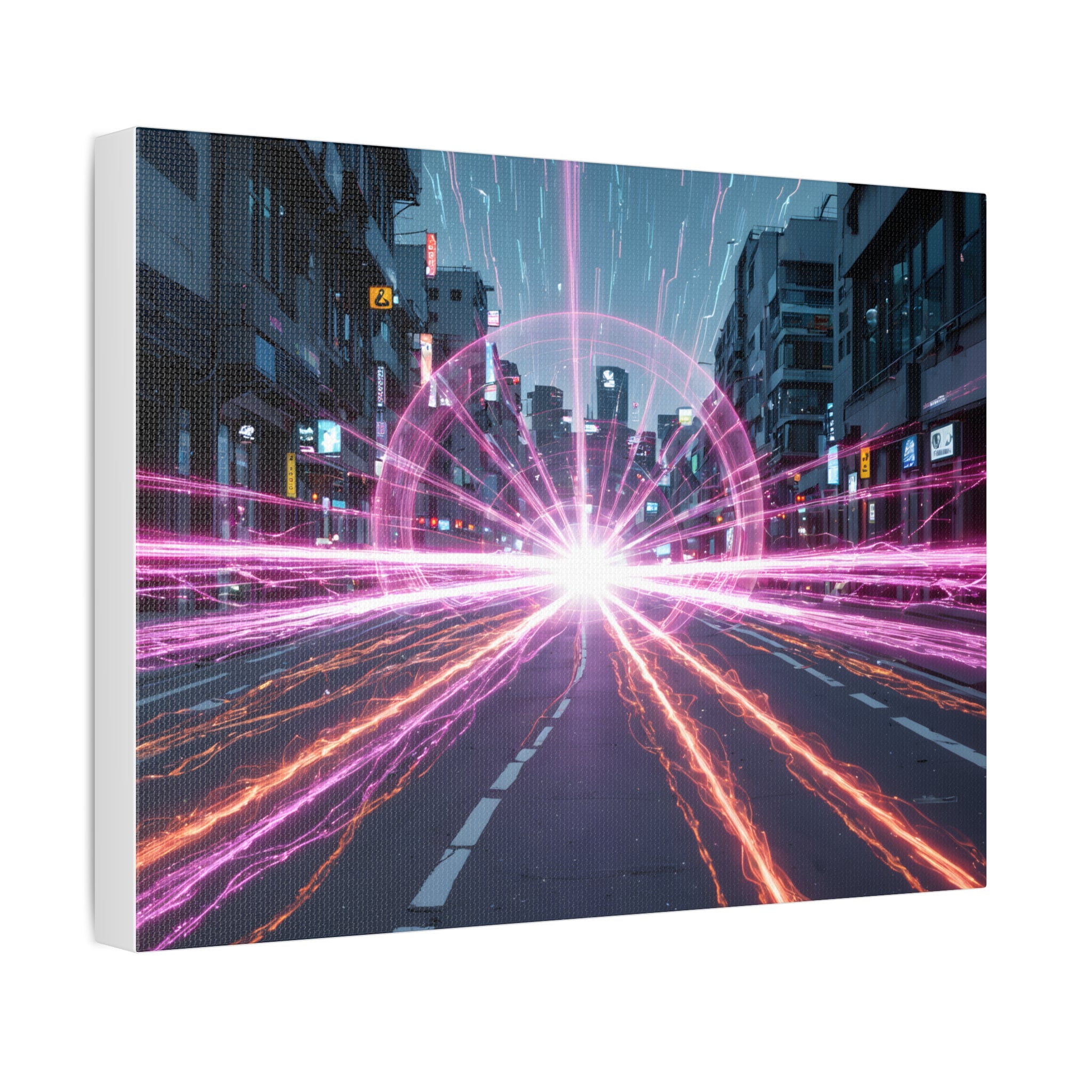 Neon Speedscape Stretched Canvas — Futuristic City Lightburst Wall Art