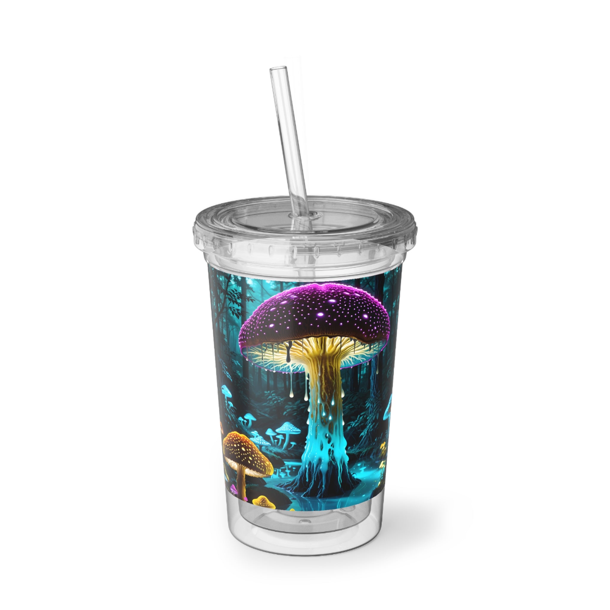 Mystical Neon Mushroom Acrylic Tumbler — Colorful Enchanted Forest Cup