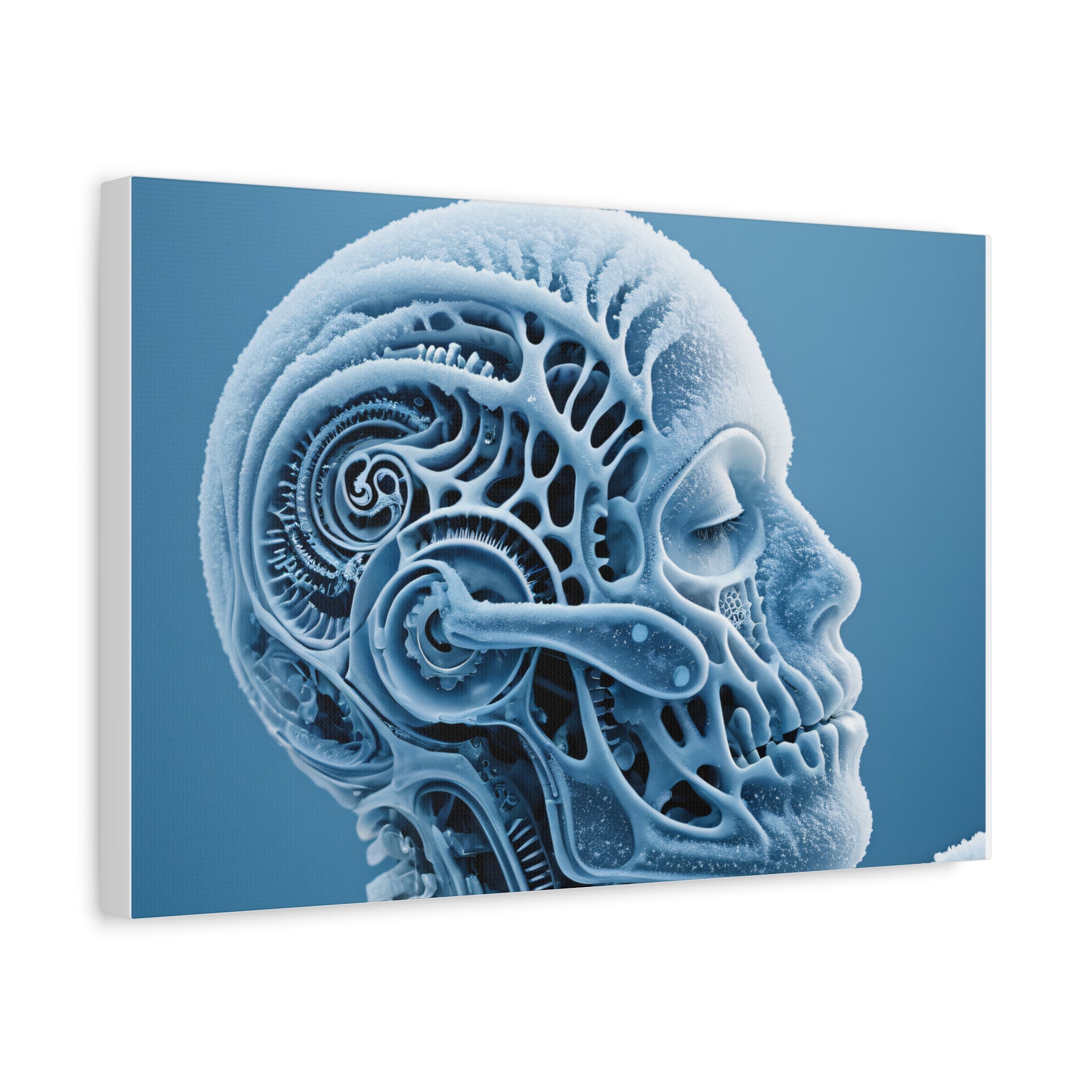Frosted Mechanical Skull Canvas Art – Blue Anatomical Surreal Print