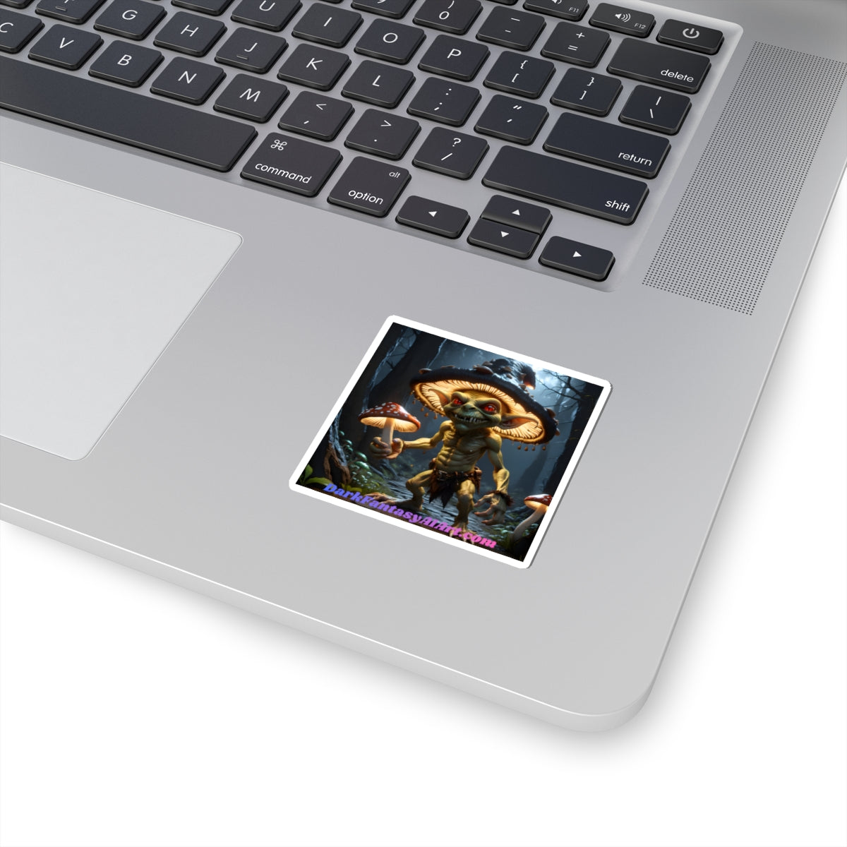 Goblin Mushroom Sticker — Dark Fantasy Kiss-Cut Decal ("DarkFantasyArt.com" Text)