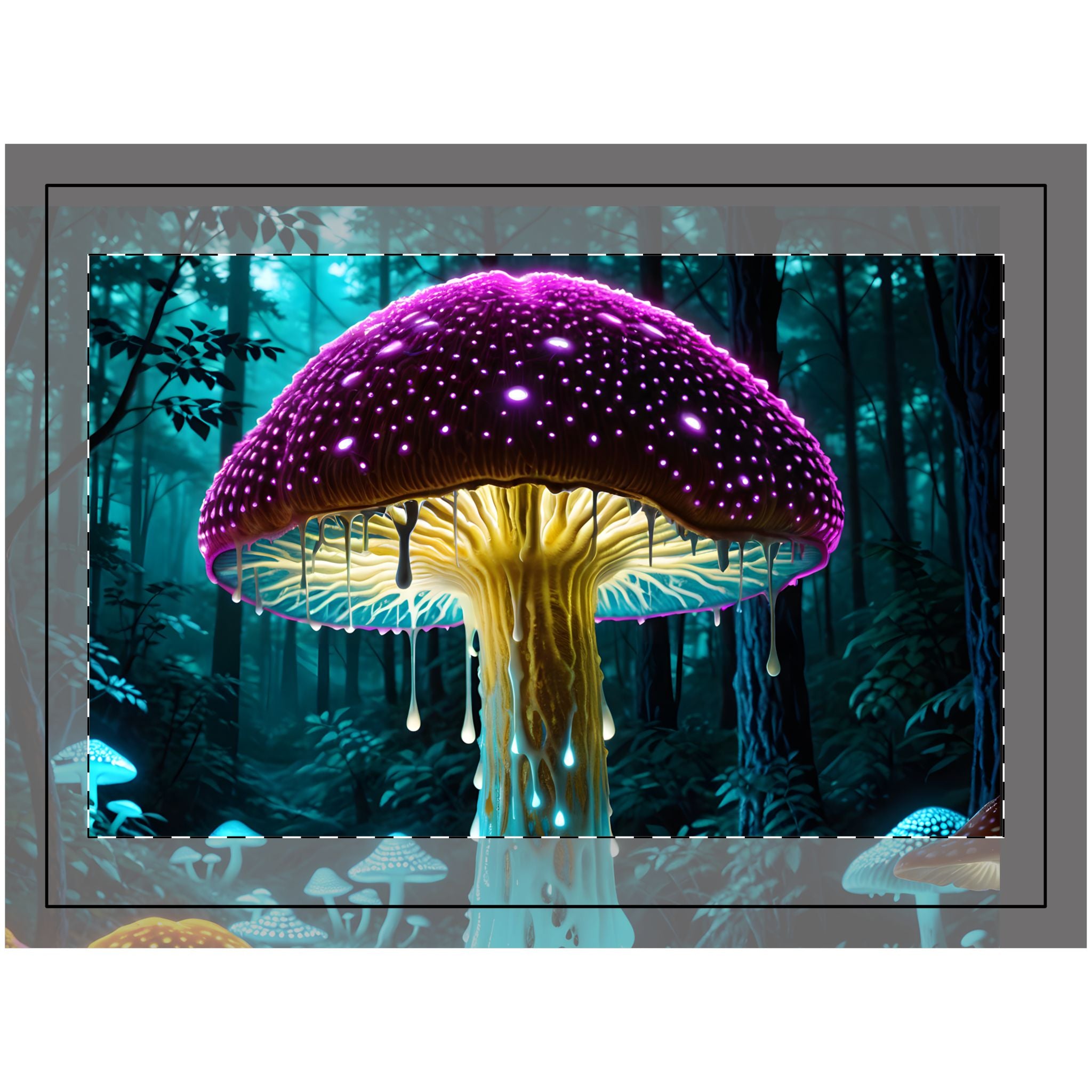 Tapisserie murale sur bois, champignon lumineux, forêt enchantée et mystique