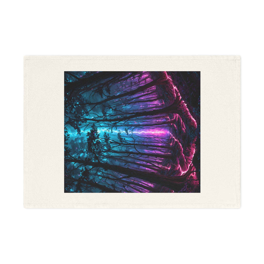 Mystic Neon Forest Cotton Tea Towel — Vibrant Blue & Purple Woodland Kitchen Decor