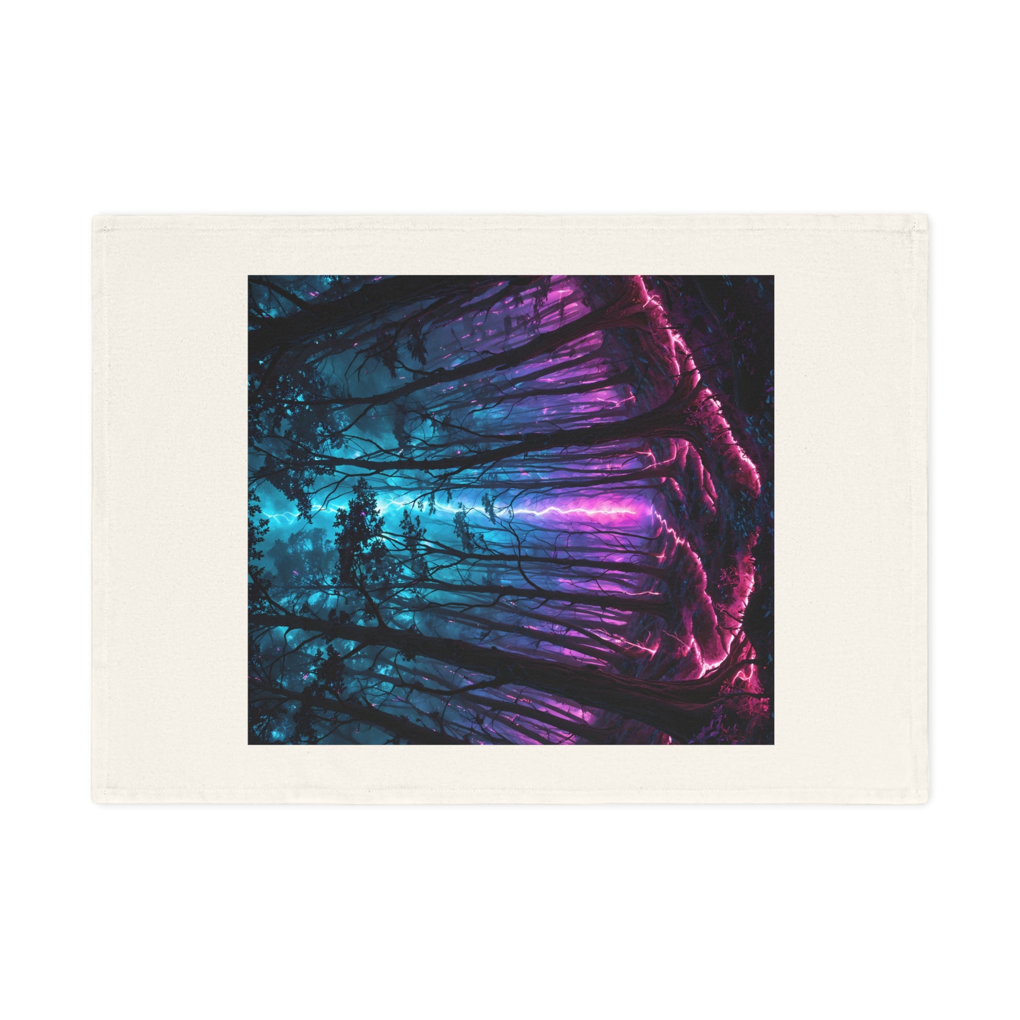 Mystic Neon Forest Cotton Tea Towel — Vibrant Blue & Purple Woodland Kitchen Decor