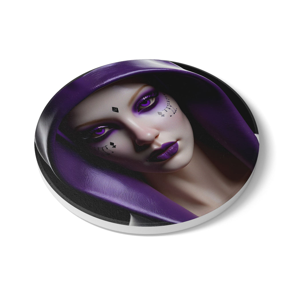 Mystic Purple Witch Portrait Ceramic Coaster — Gothic Fantasy Drink Mat
