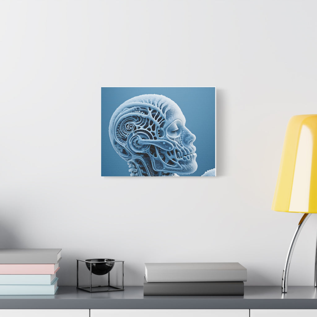 Frosted Mechanical Skull Canvas Art – Blue Anatomical Surreal Print