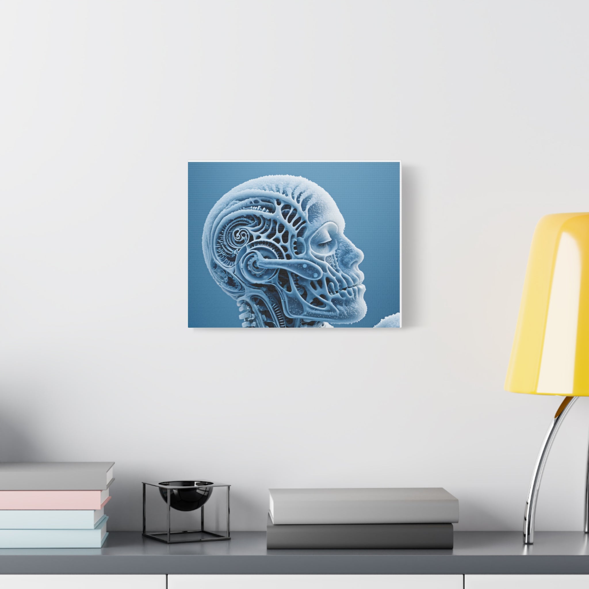 Frosted Mechanical Skull Canvas Art – Blue Anatomical Surreal Print