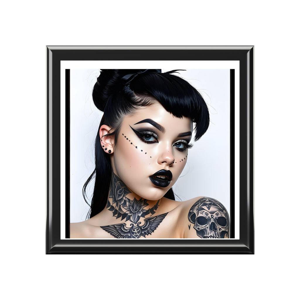 Gothic Tattoo pinup style Portrait Jewelry Box — Black Lacquer Trinket Case with Dark Glam Illustration