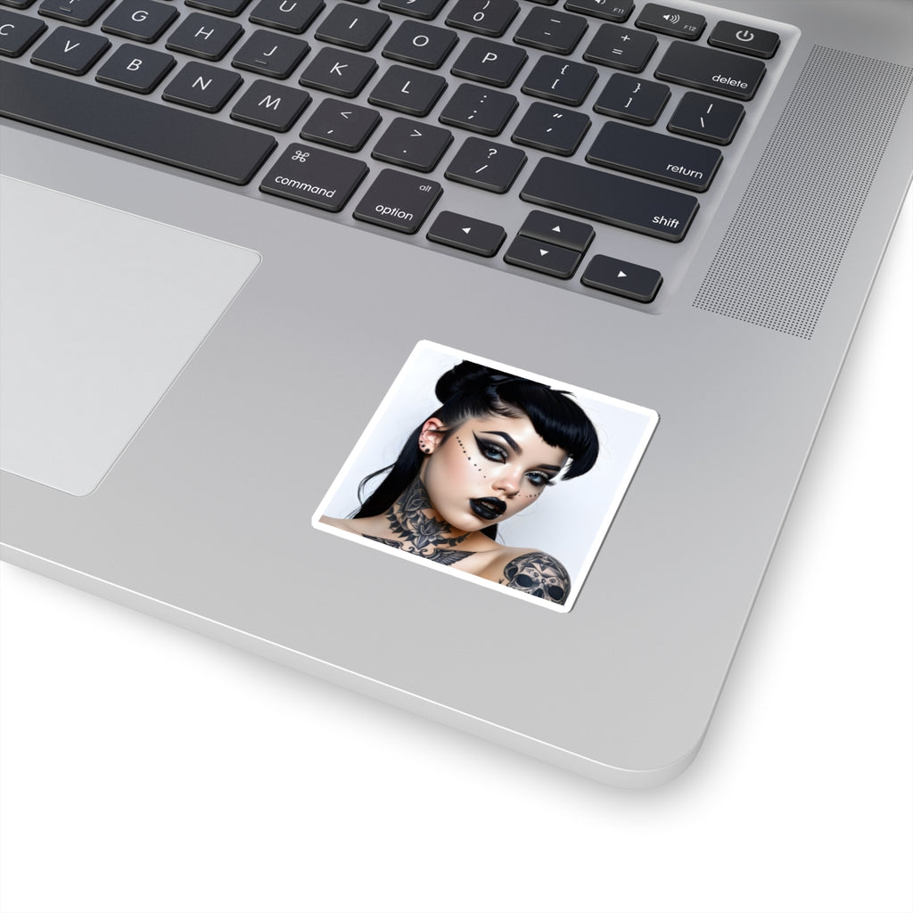 Goth Girl Portrait Kiss-Cut Sticker — Dark Makeup & Tattoo Laptop Decal