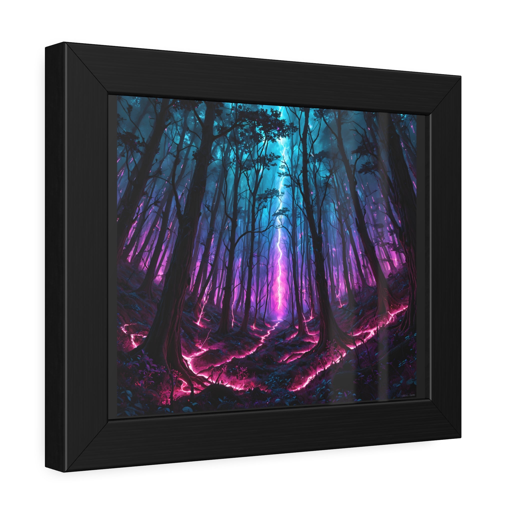 Neon Forest Framed Art Print — Mystical Purple & Teal Fantasy Poster
