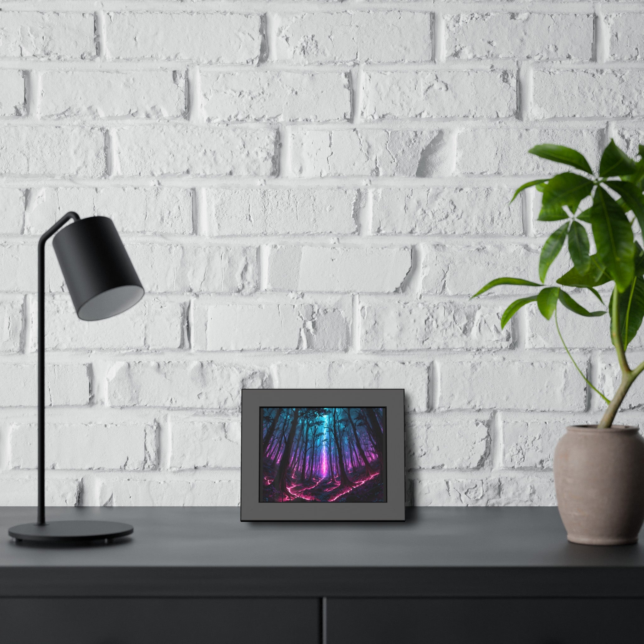 Neon Forest Framed Art Print — Mystical Purple & Teal Fantasy Poster