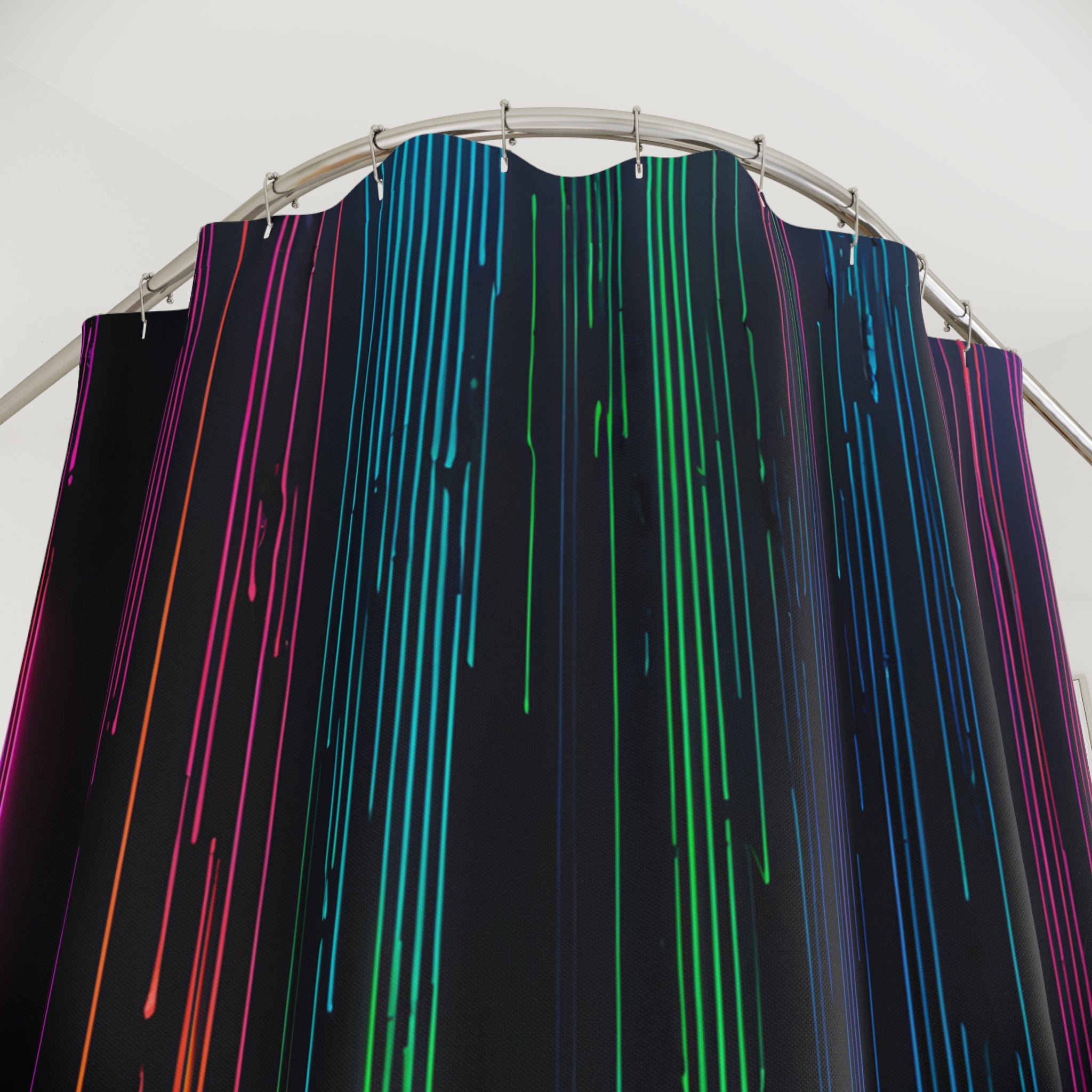 Rideau de douche pluie fluo — Décor de salle de bain moderne à rayures verticales et lumineuses