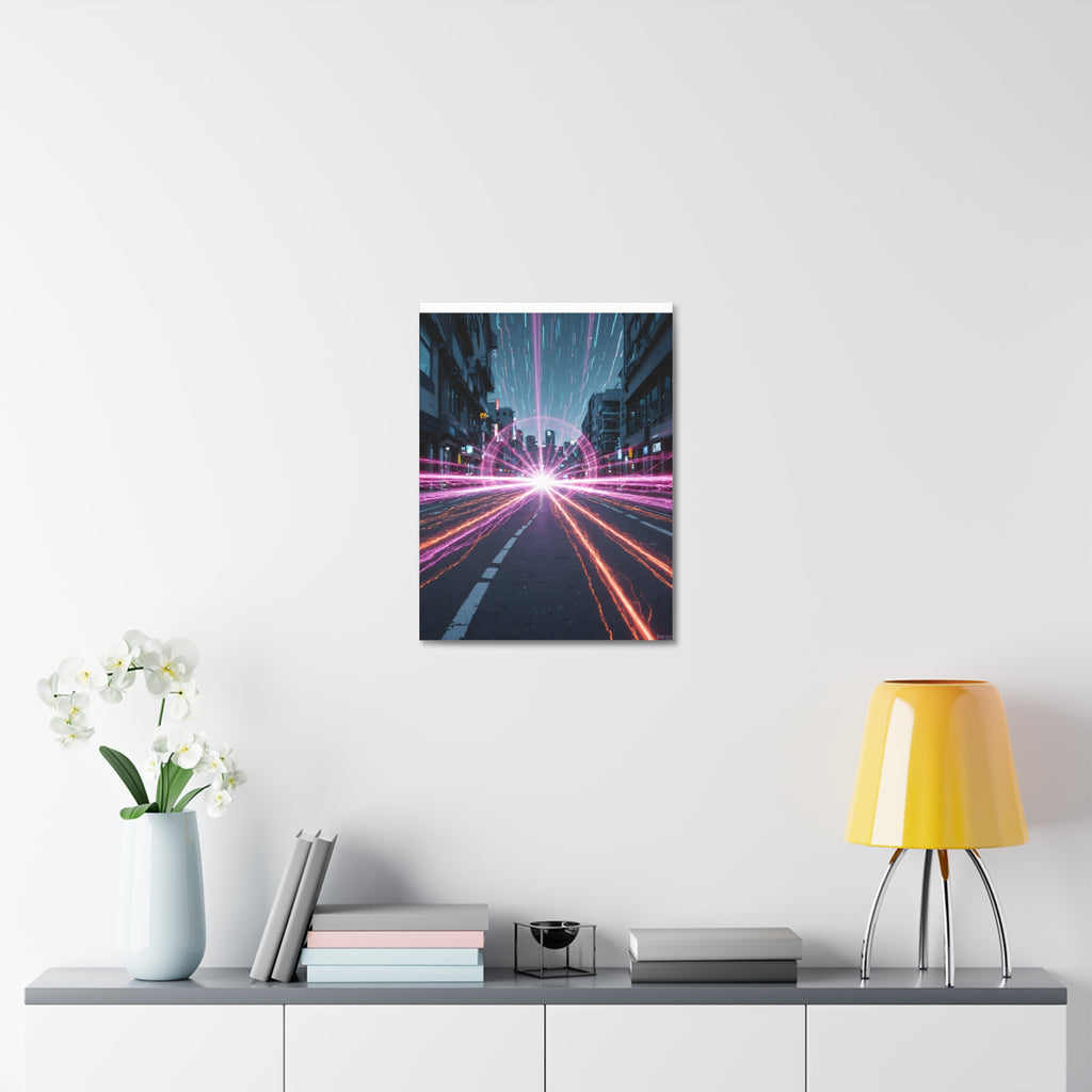 Neon Speedscape Stretched Canvas — Futuristic City Lightburst Wall Art