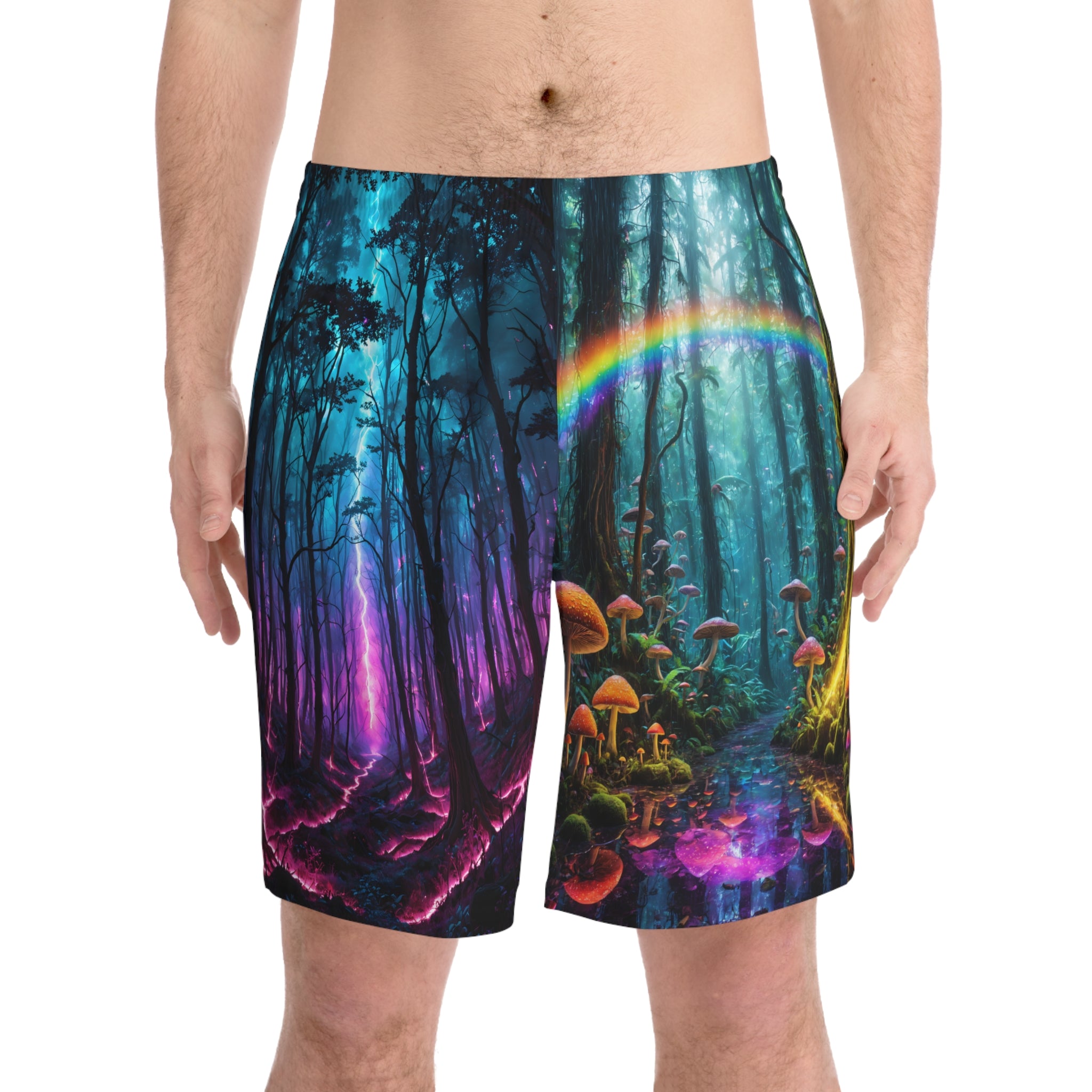 Short de bain Psychedelic Forest — Imprimé champignons néon arc-en-ciel