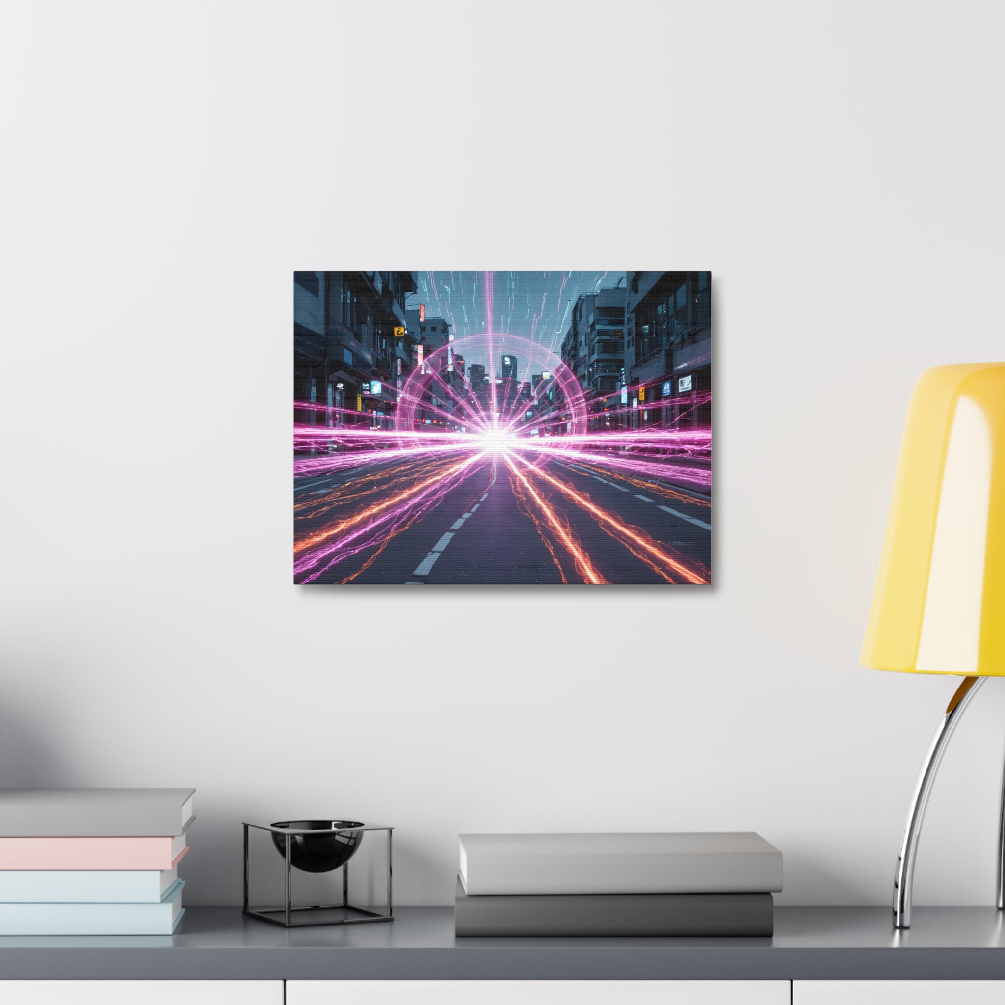 Neon Speedscape Stretched Canvas — Futuristic City Lightburst Wall Art