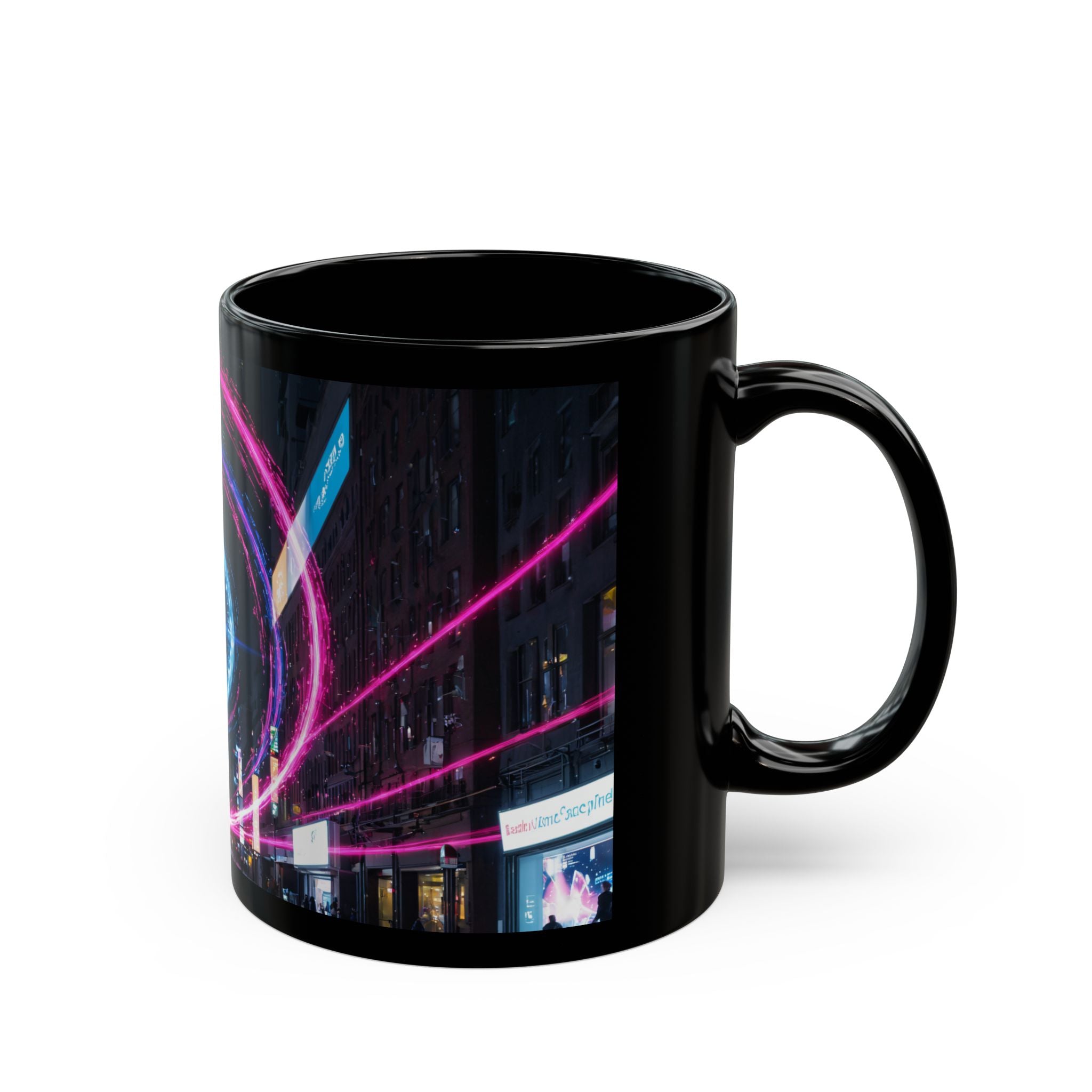 Neon City Vortex Mug — Cyberwave Black Ceramic Coffee Cup (11oz/15oz)