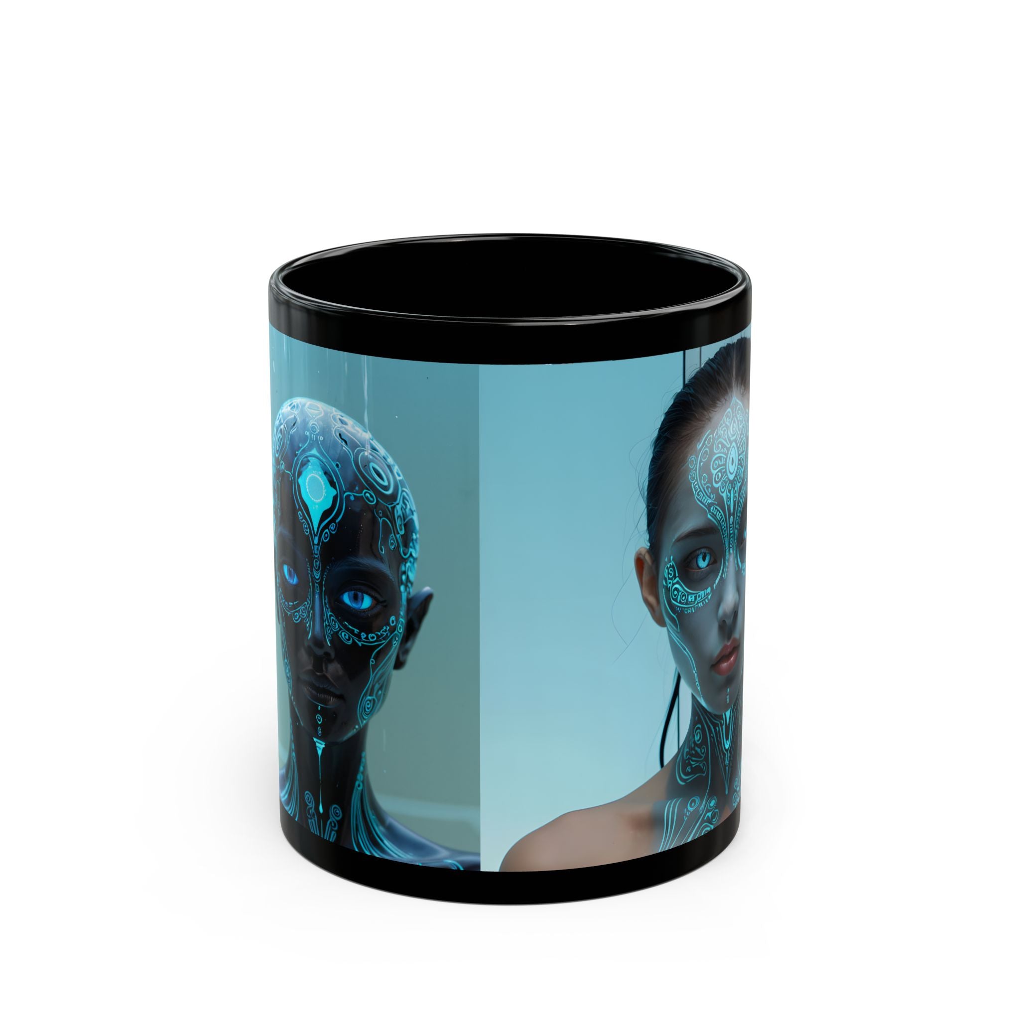 Mystic Cyborg Face Black Mug — Futuristic Neon Portrait Coffee Cup (11oz/15oz)