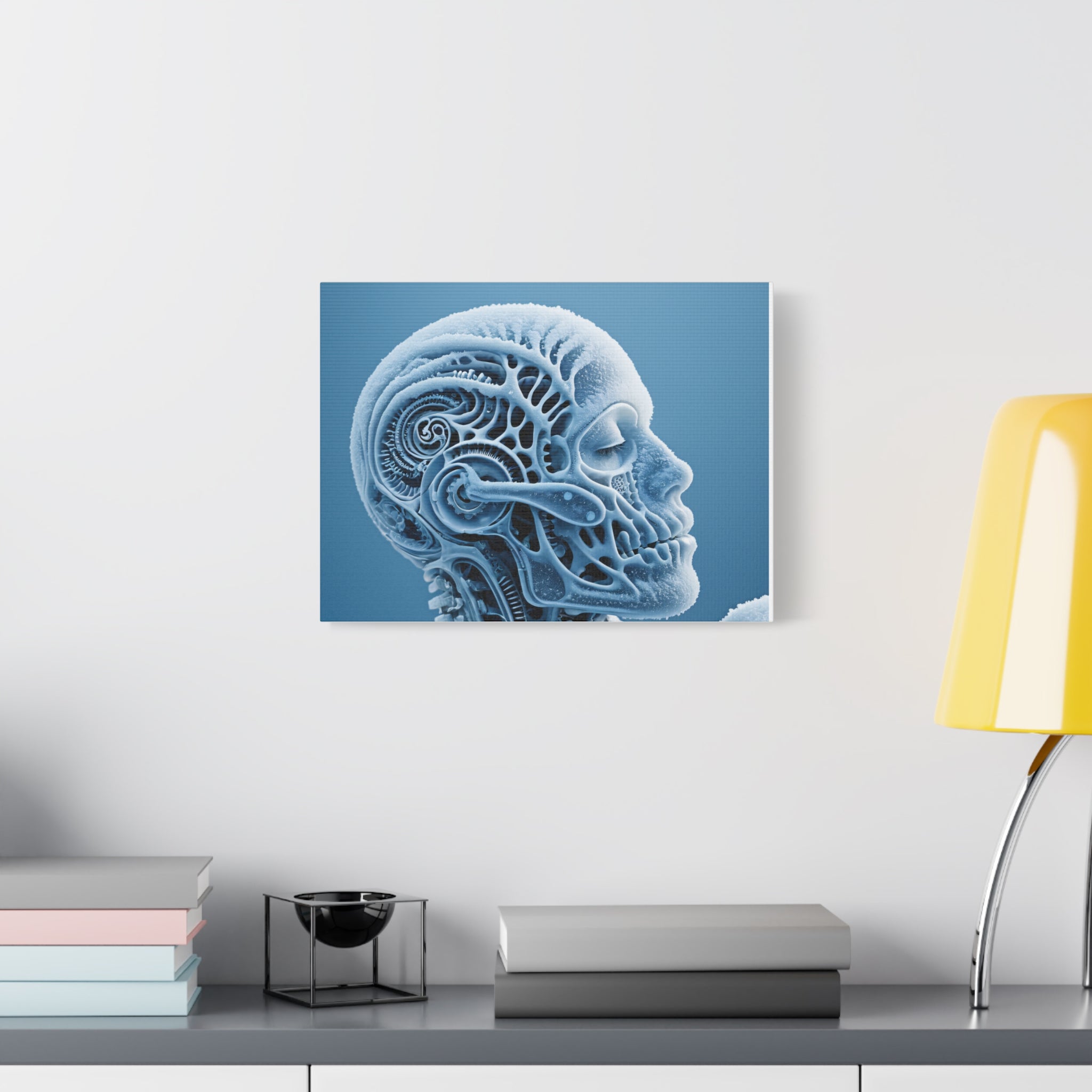 Frosted Mechanical Skull Canvas Art – Blue Anatomical Surreal Print