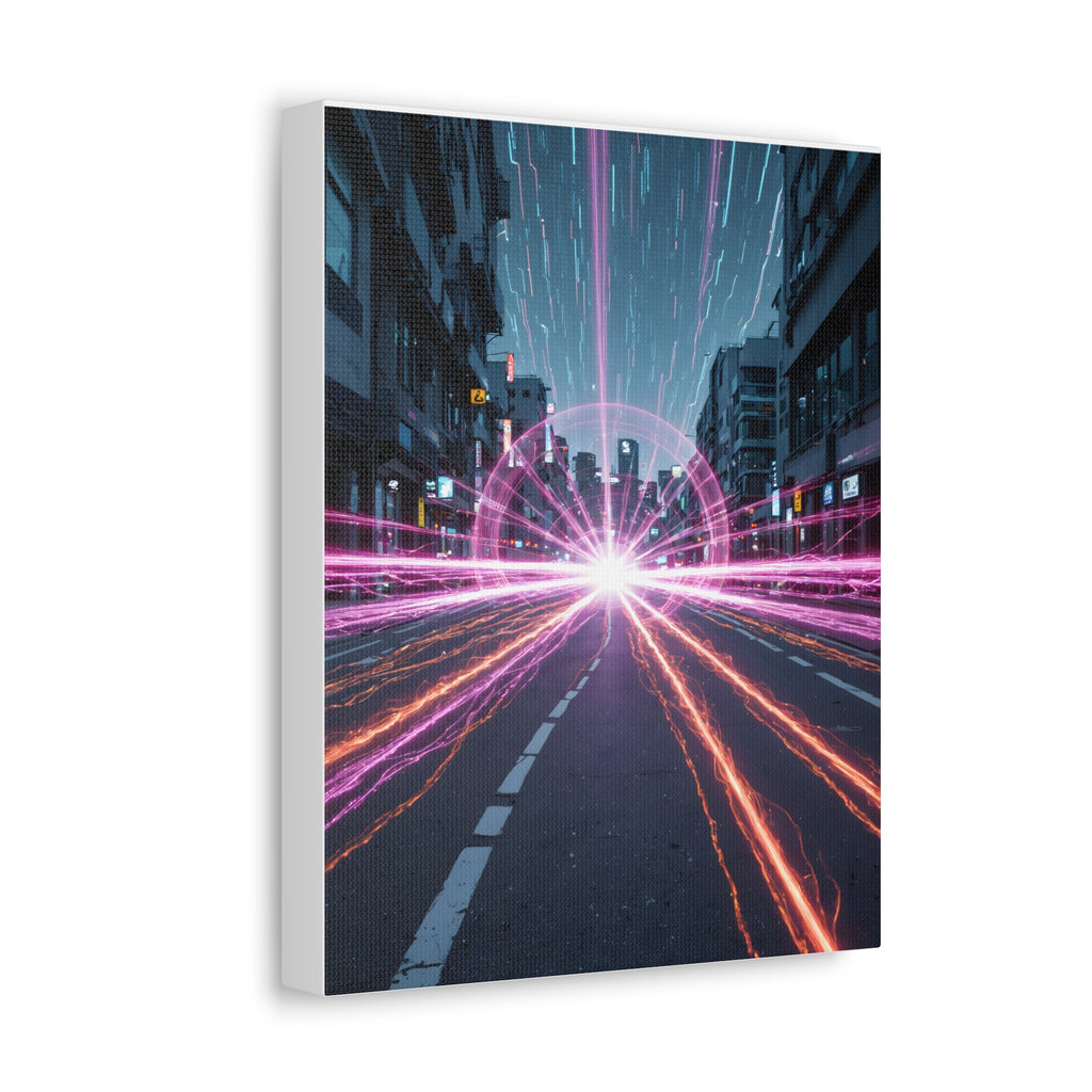 Neon Speedscape Stretched Canvas — Futuristic City Lightburst Wall Art