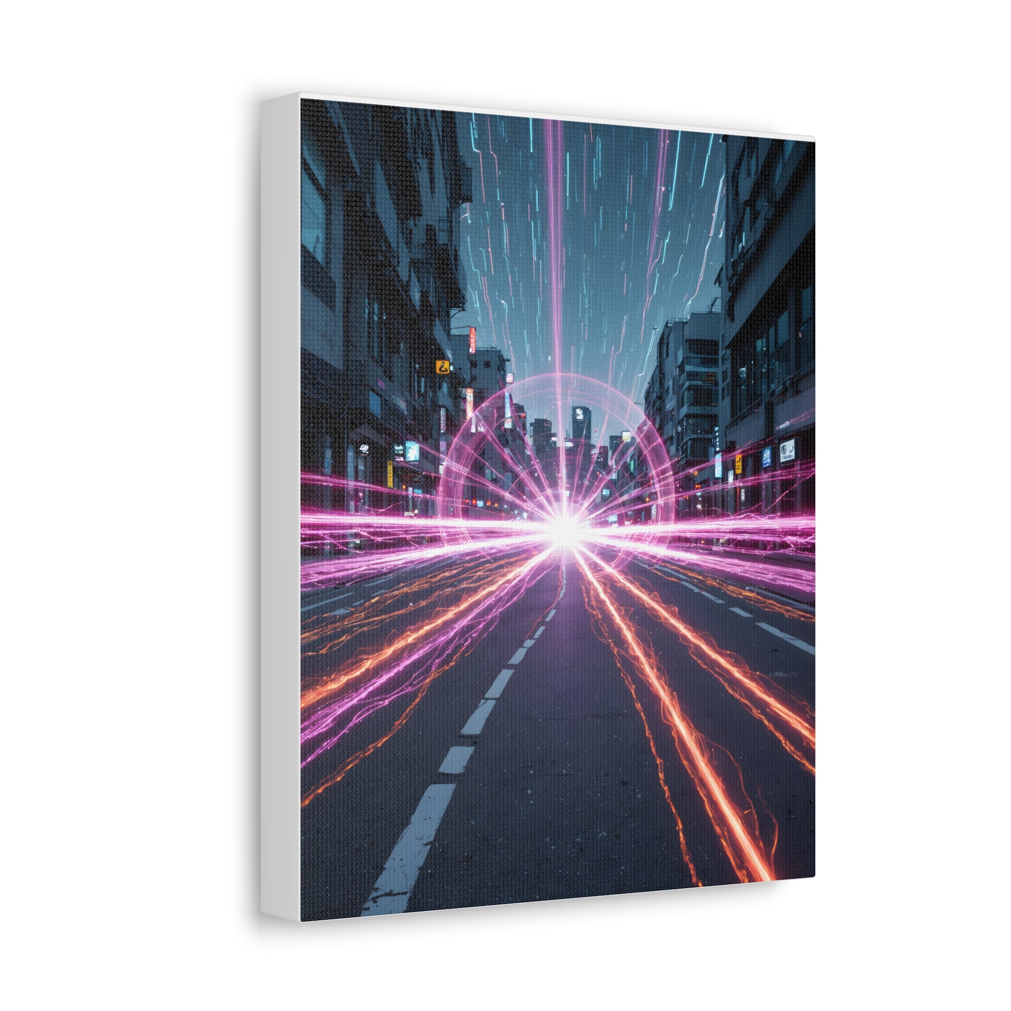 Neon Speedscape Stretched Canvas — Futuristic City Lightburst Wall Art
