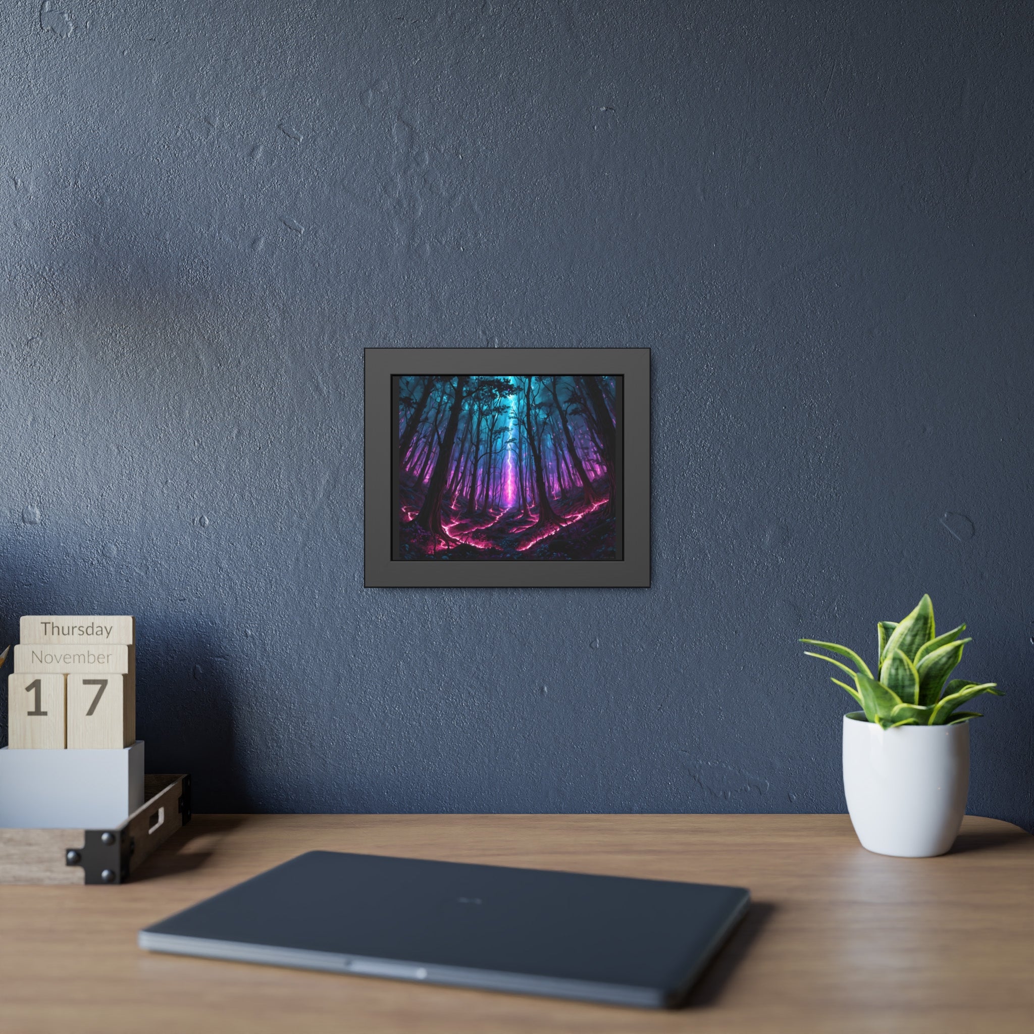 Neon Forest Framed Art Print — Mystical Purple & Teal Fantasy Poster