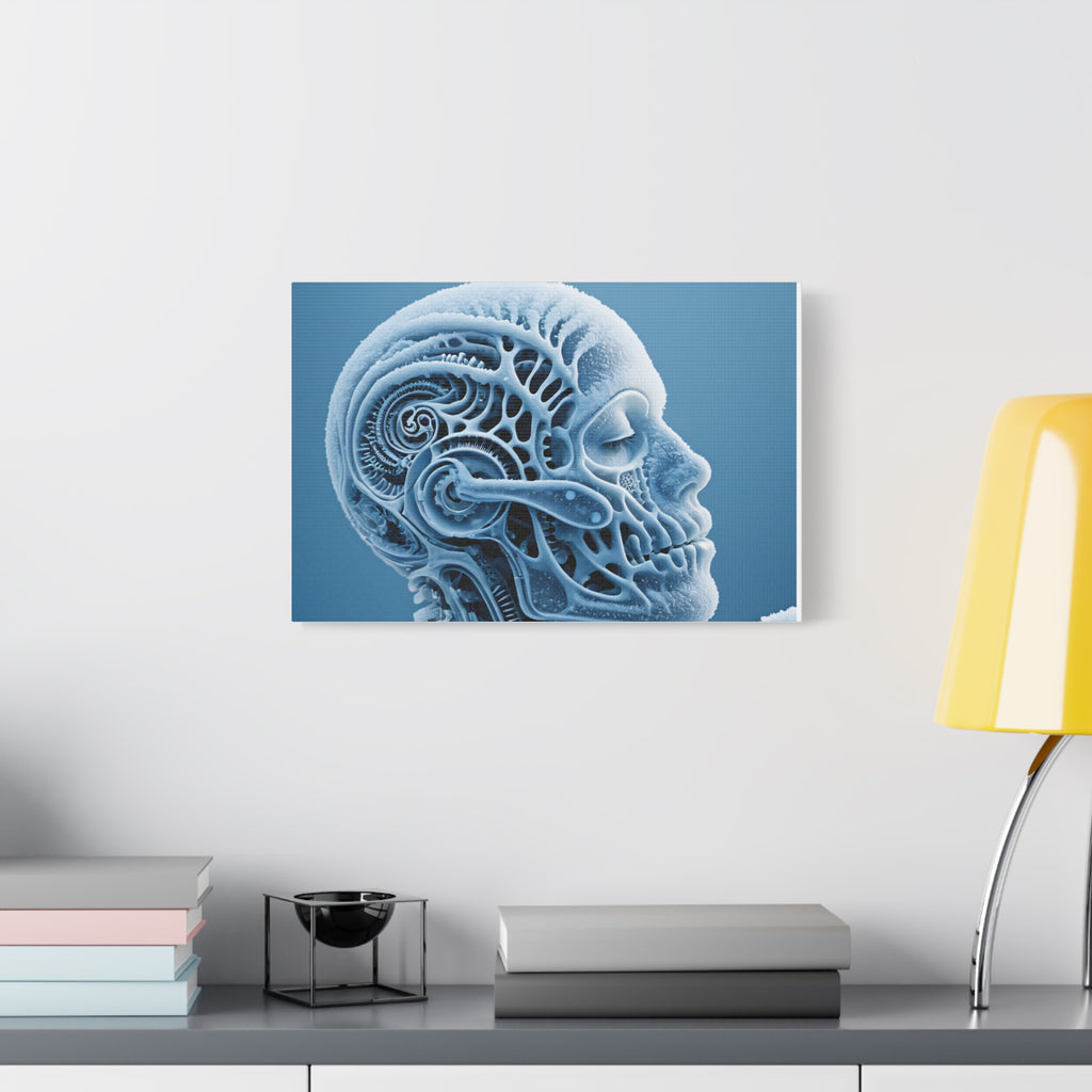 Frosted Mechanical Skull Canvas Art – Blue Anatomical Surreal Print
