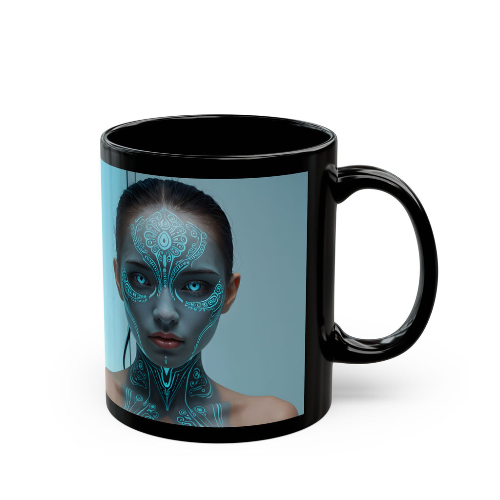 Mystic Cyborg Face Black Mug — Futuristic Neon Portrait Coffee Cup (11oz/15oz)