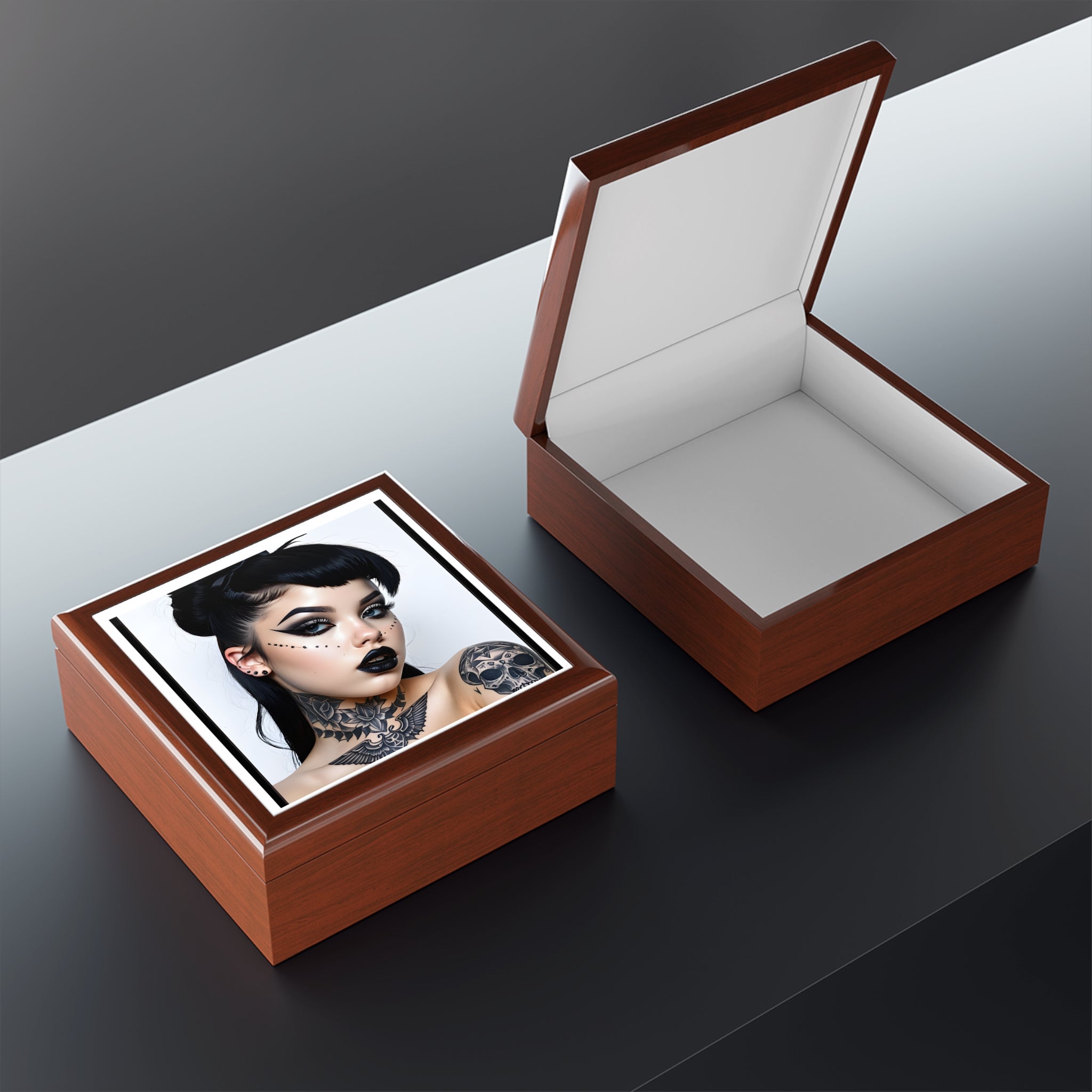 Gothic Tattoo pinup style Portrait Jewelry Box — Black Lacquer Trinket Case with Dark Glam Illustration