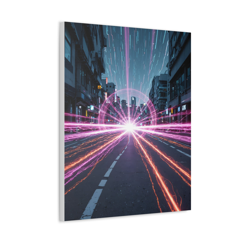 Neon Speedscape Stretched Canvas — Futuristic City Lightburst Wall Art