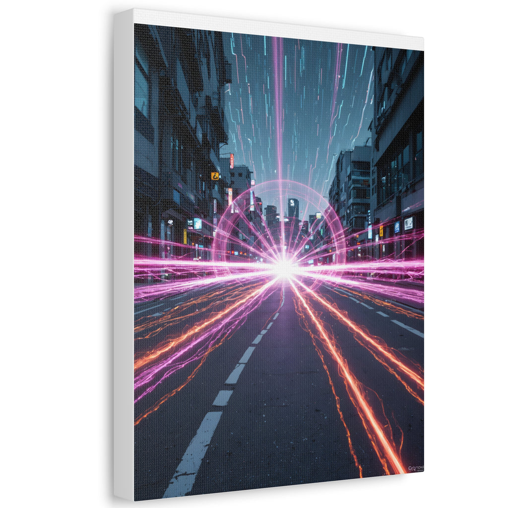 Neon Speedscape Stretched Canvas — Futuristic City Lightburst Wall Art