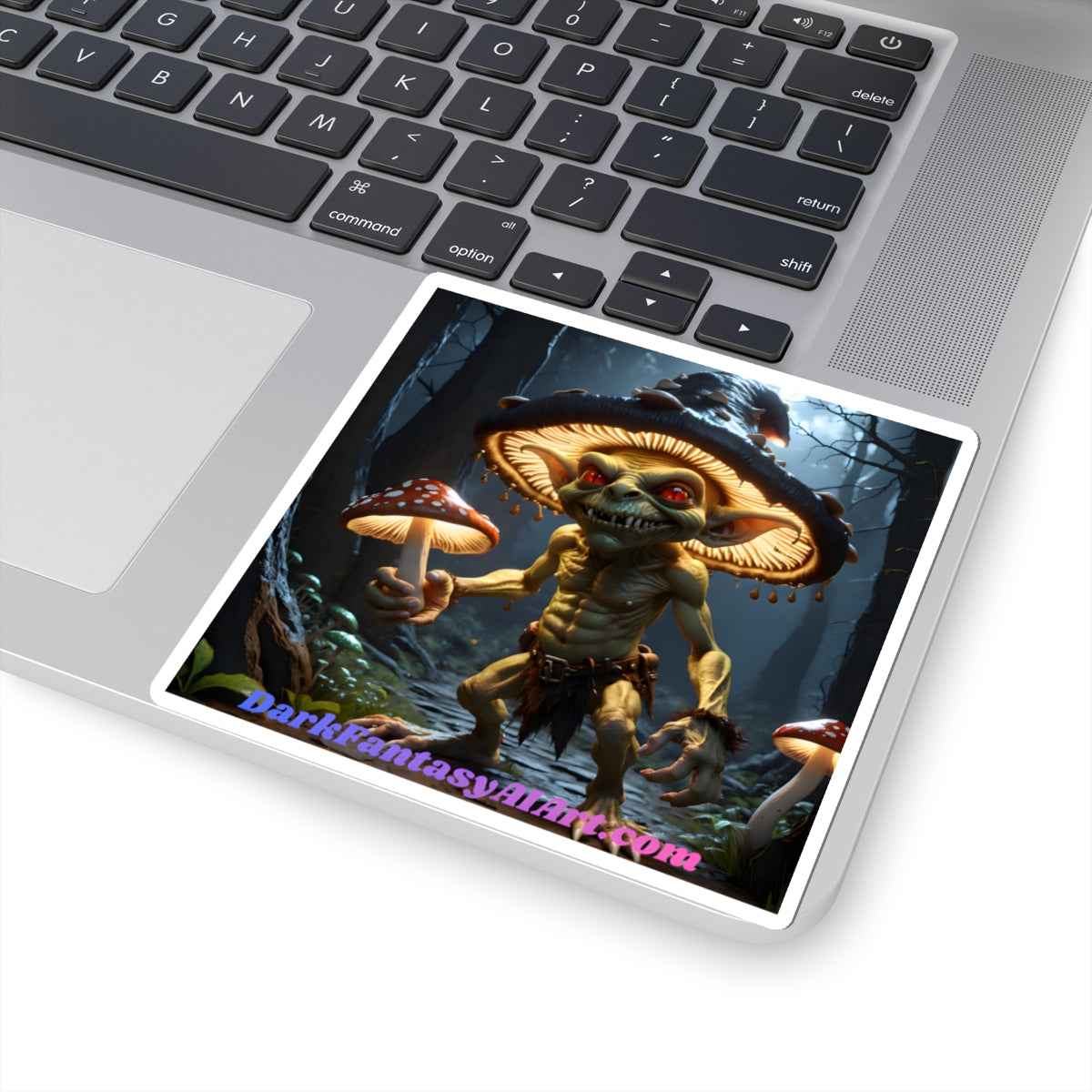 Goblin Mushroom Sticker — Dark Fantasy Kiss-Cut Decal ("DarkFantasyArt.com" Text)