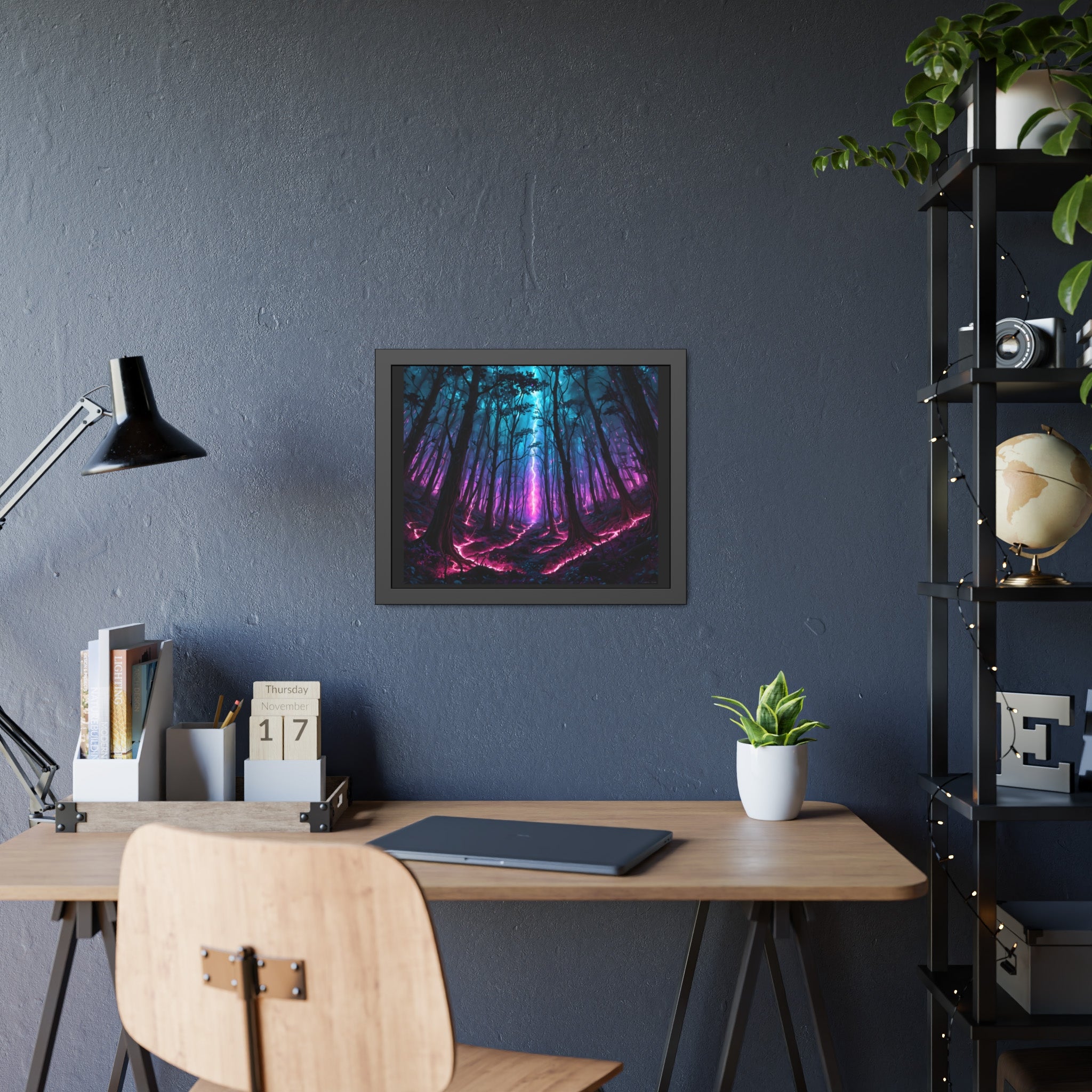 Neon Forest Framed Art Print — Mystical Purple & Teal Fantasy Poster