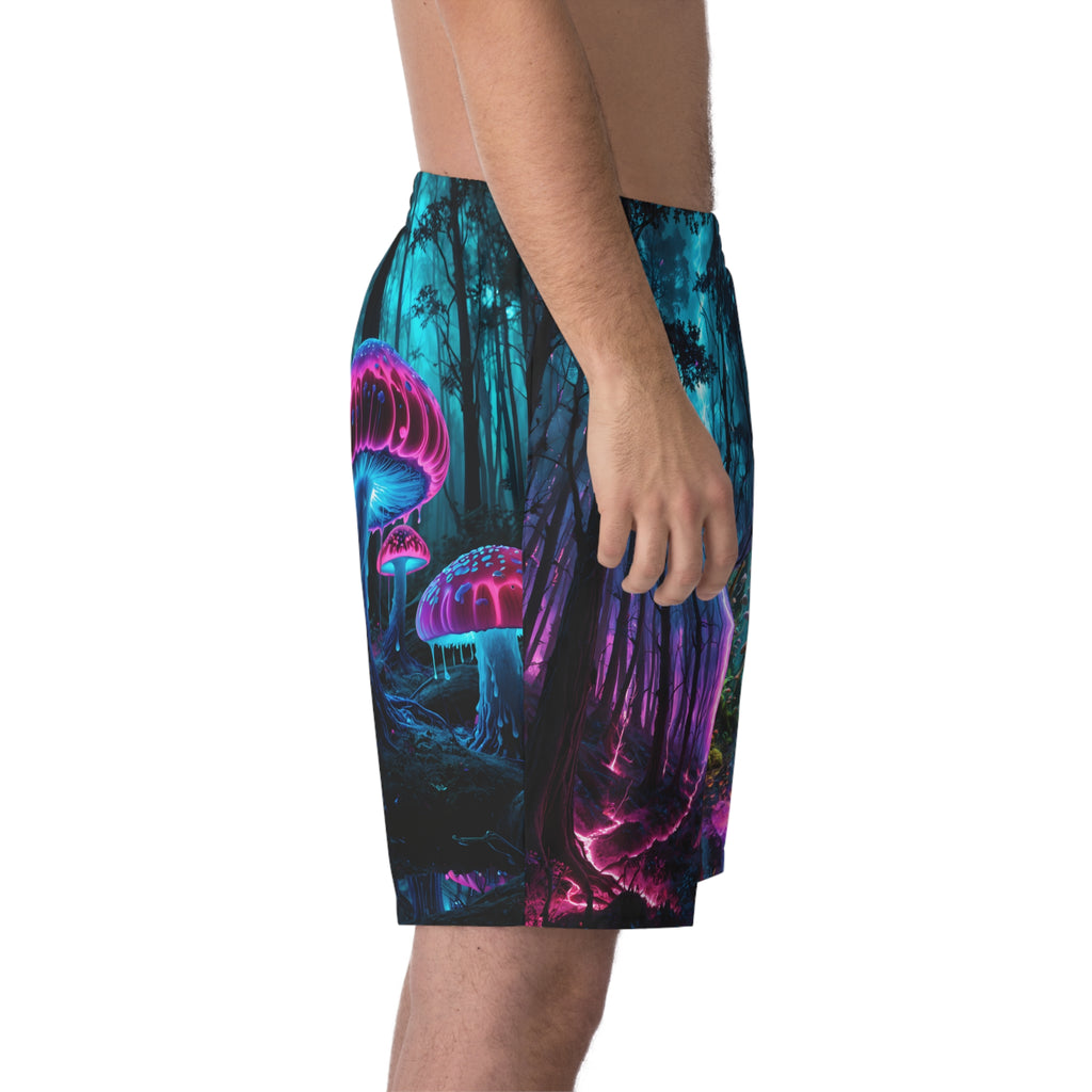 Psychedelic Forest Beach Shorts — Neon Mushroom Rainbow Print