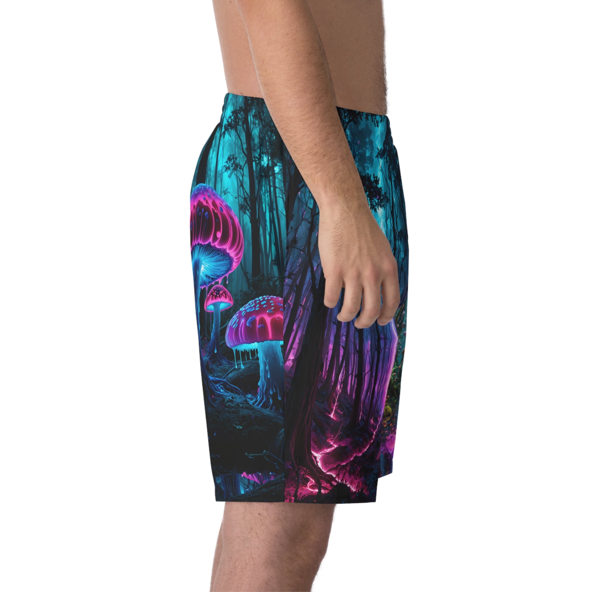 Psychedelic Forest Beach Shorts — Neon Mushroom Rainbow Print