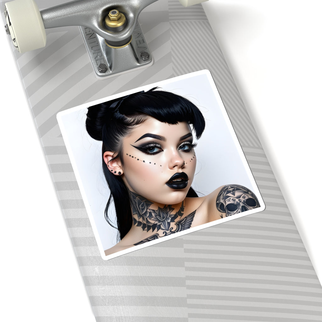 Goth Girl Portrait Kiss-Cut Sticker — Dark Makeup & Tattoo Laptop Decal