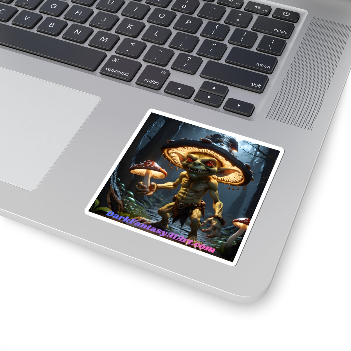 Goblin Mushroom Sticker — Dark Fantasy Kiss-Cut Decal ("DarkFantasyArt.com" Text)