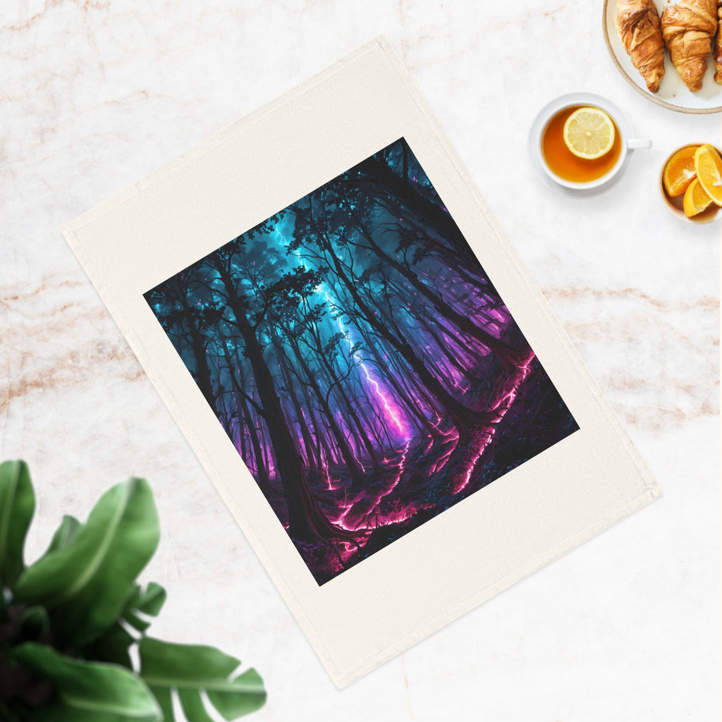 Mystic Neon Forest Cotton Tea Towel — Vibrant Blue & Purple Woodland Kitchen Decor