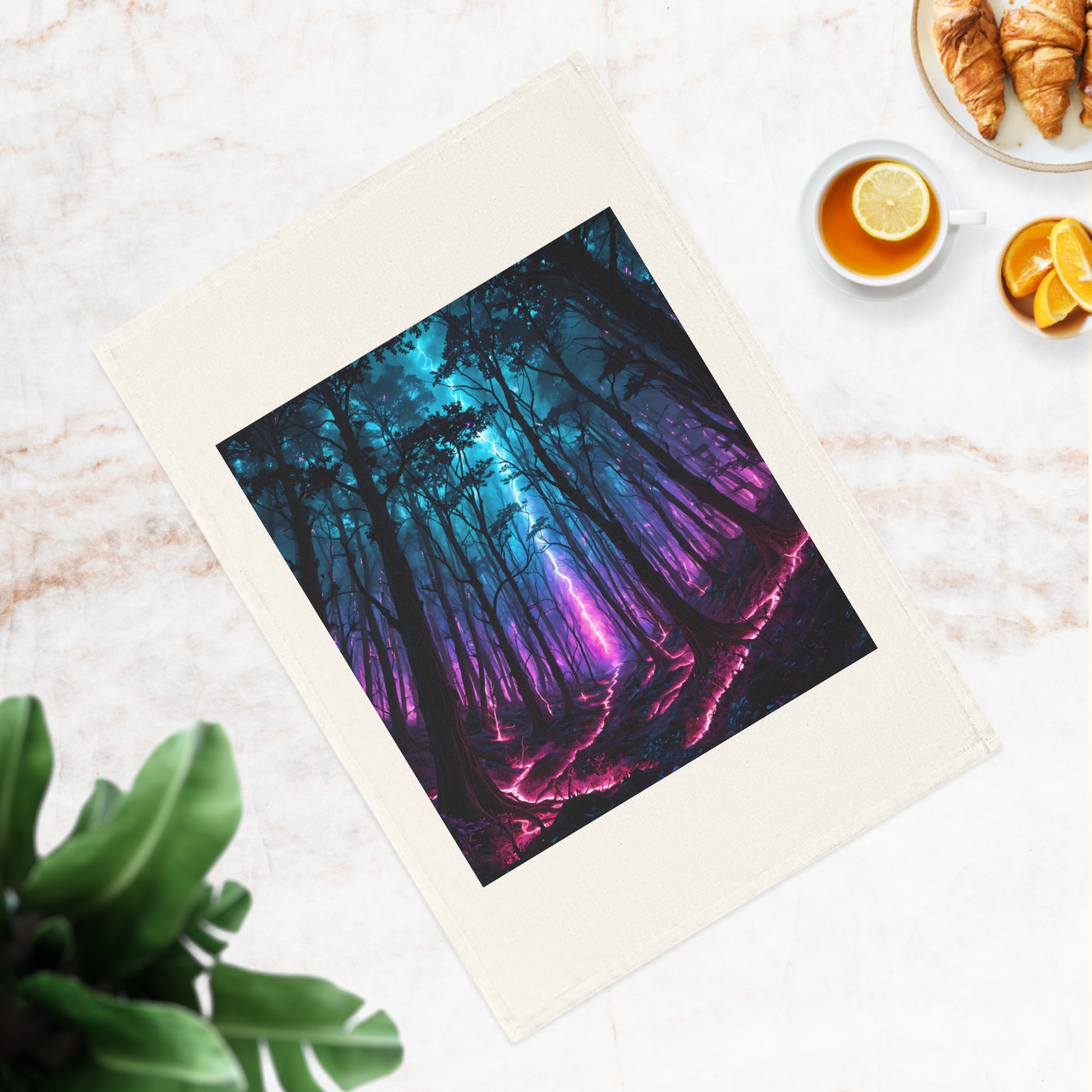 Mystic Neon Forest Cotton Tea Towel — Vibrant Blue & Purple Woodland Kitchen Decor