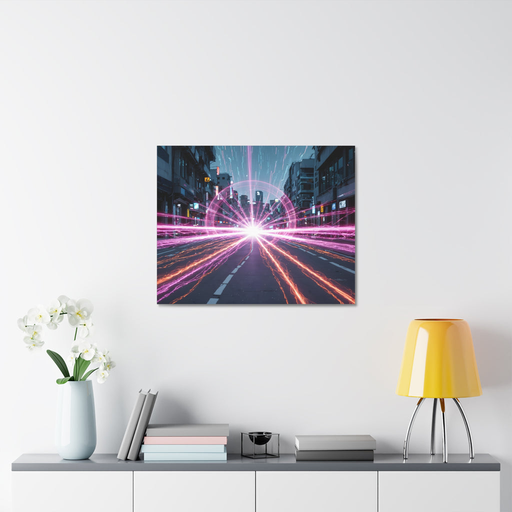 Neon Speedscape Stretched Canvas — Futuristic City Lightburst Wall Art