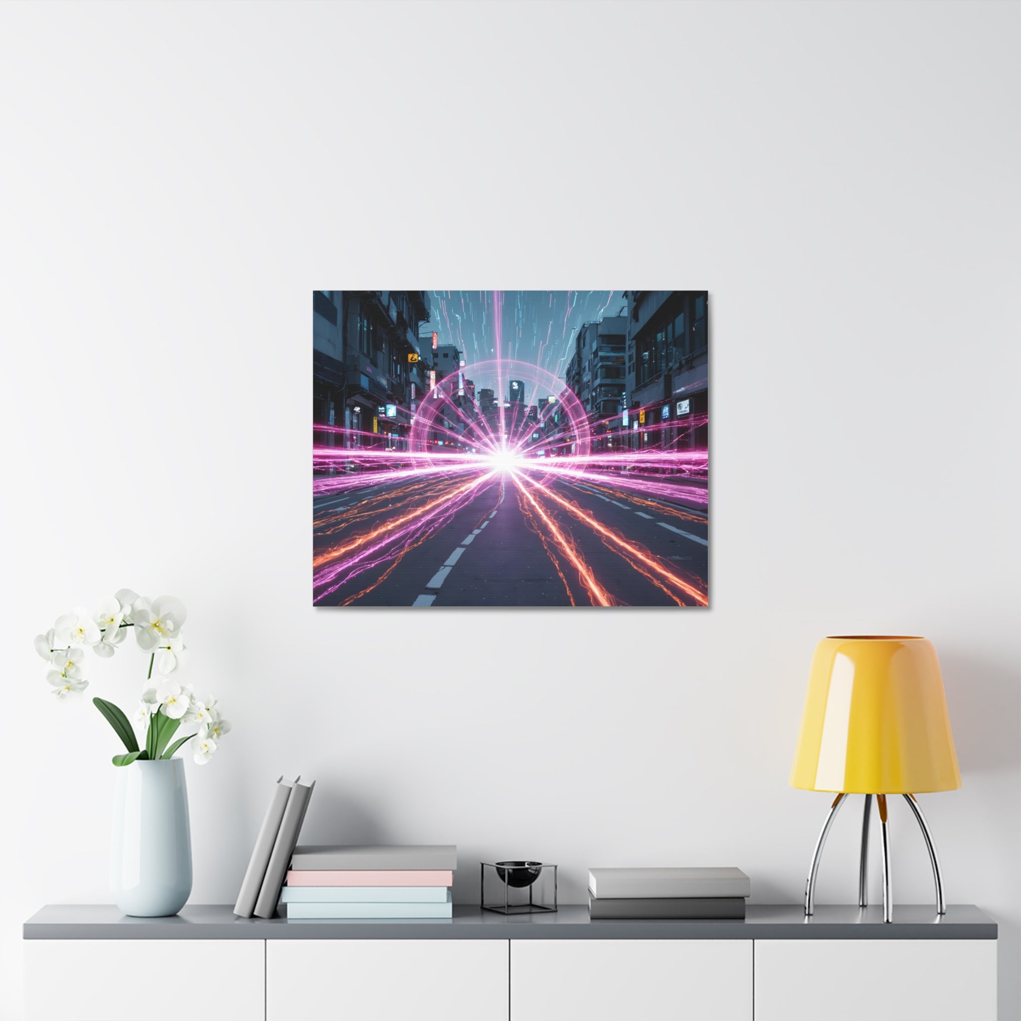 Neon Speedscape Stretched Canvas — Futuristic City Lightburst Wall Art
