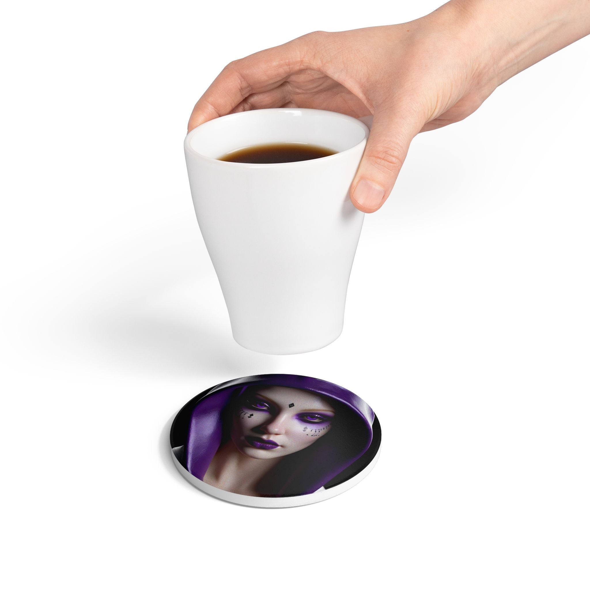 Sous-verre en céramique portrait de sorcière violette mystique – Tapis de boisson fantaisie gothique