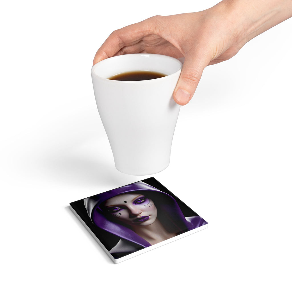 Sous-verre en céramique portrait de sorcière violette mystique – Tapis de boisson fantaisie gothique
